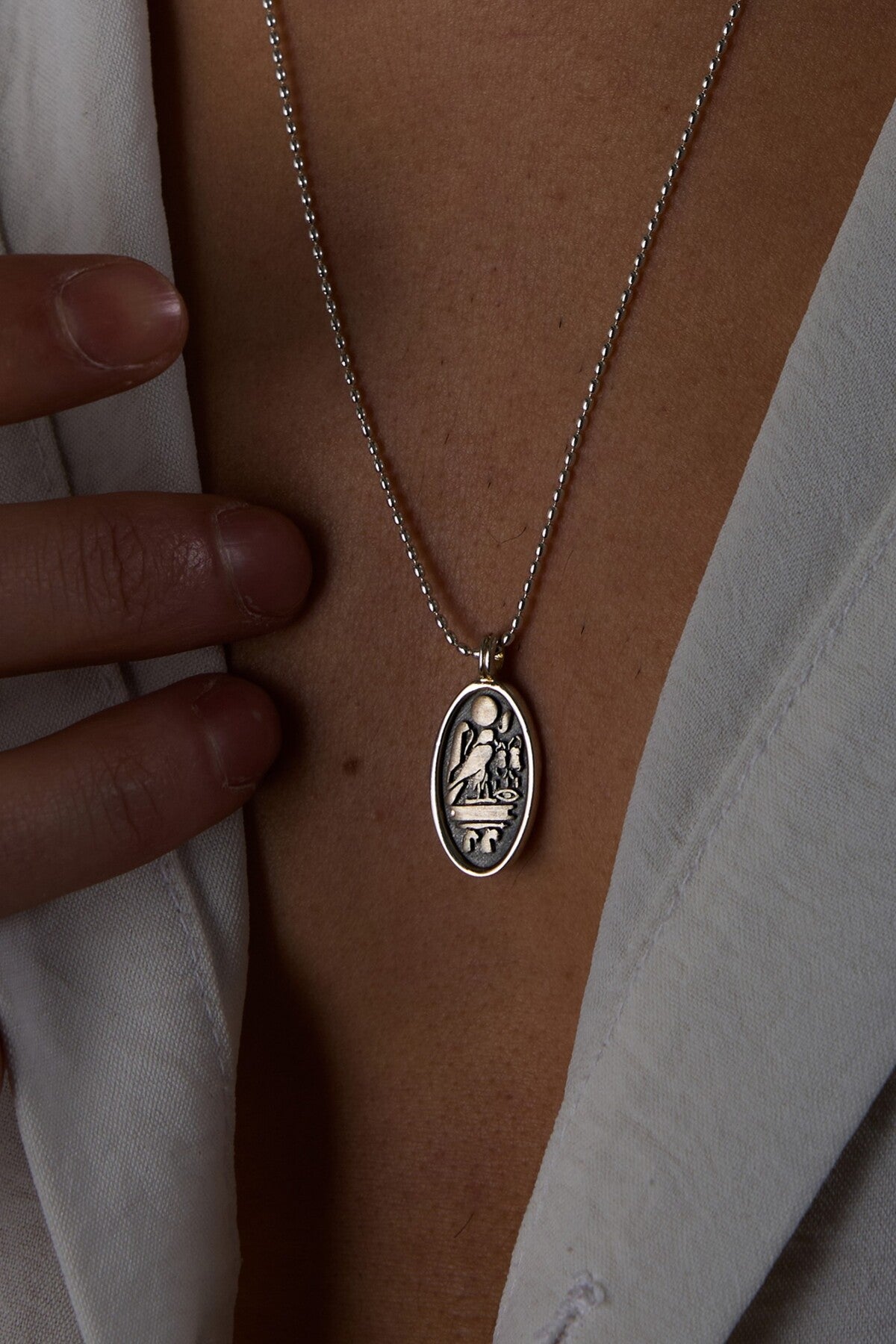 925 Sterling Silver Oxidized Oval Hieroglyph Bead Necklace