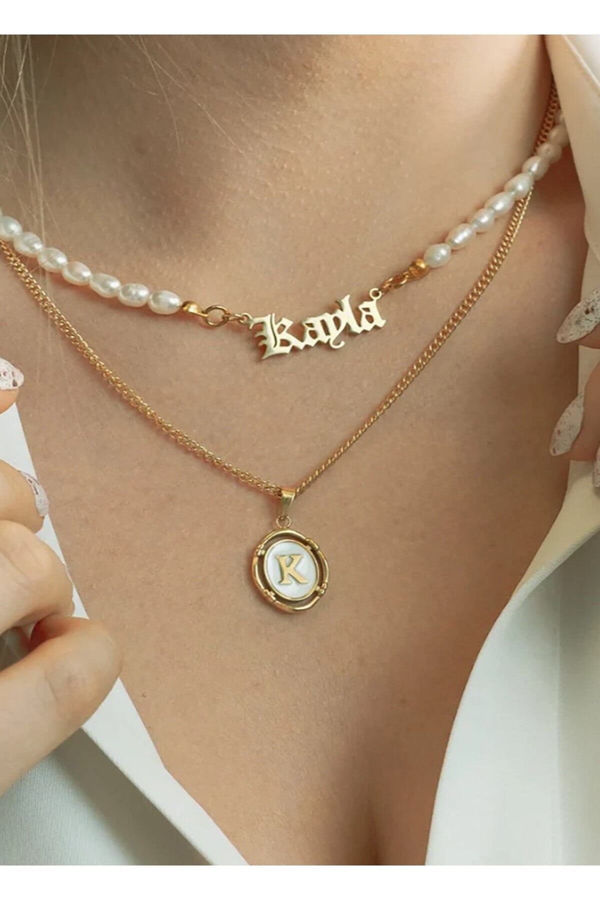 14 K Gold Kaplama 925 Ayar Gümüş Organik İnci Choker İsim Kolye