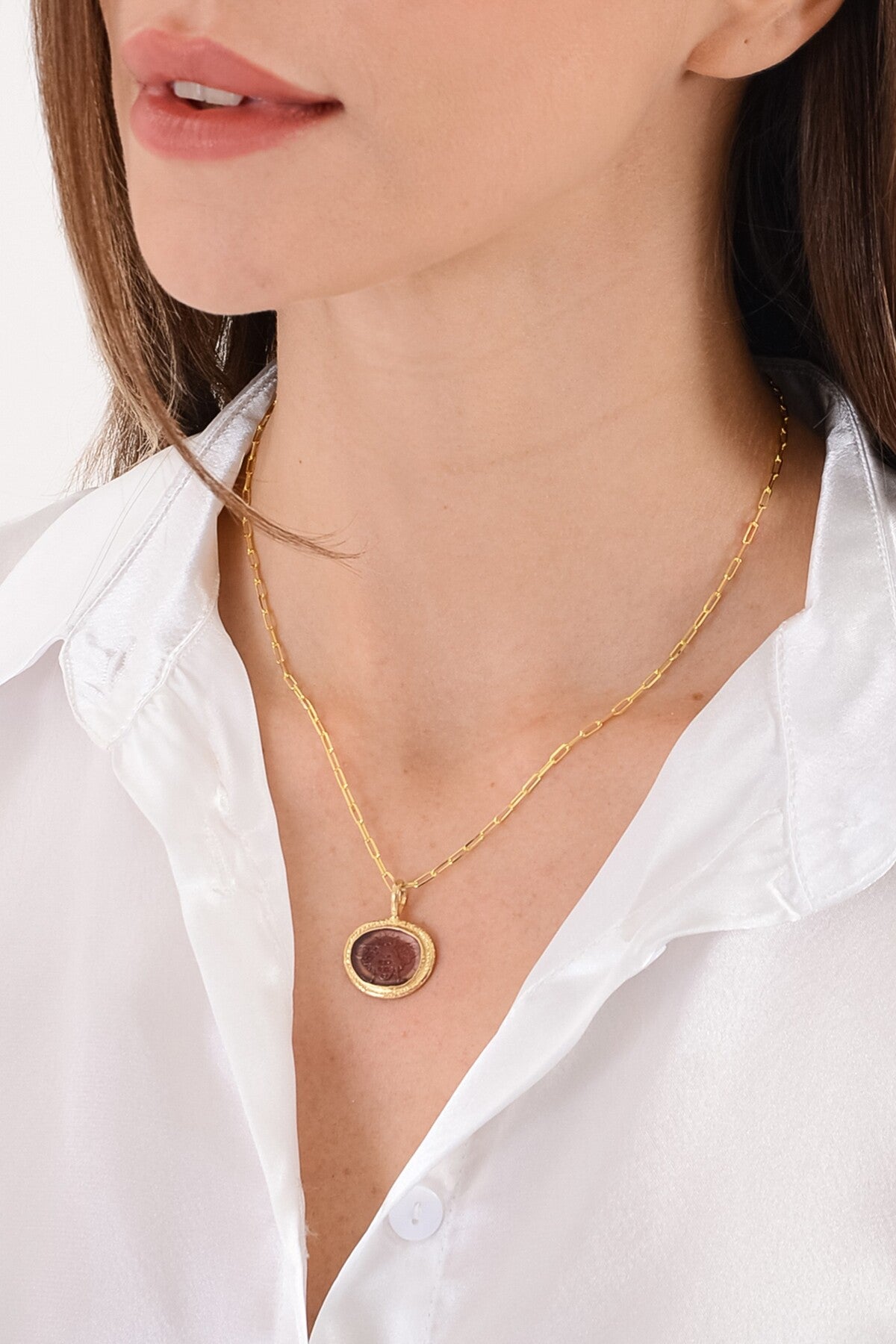 14 K Gold Kaplama 925 Ayar Gümüş Antik Cam Baskı Arı Kolye
