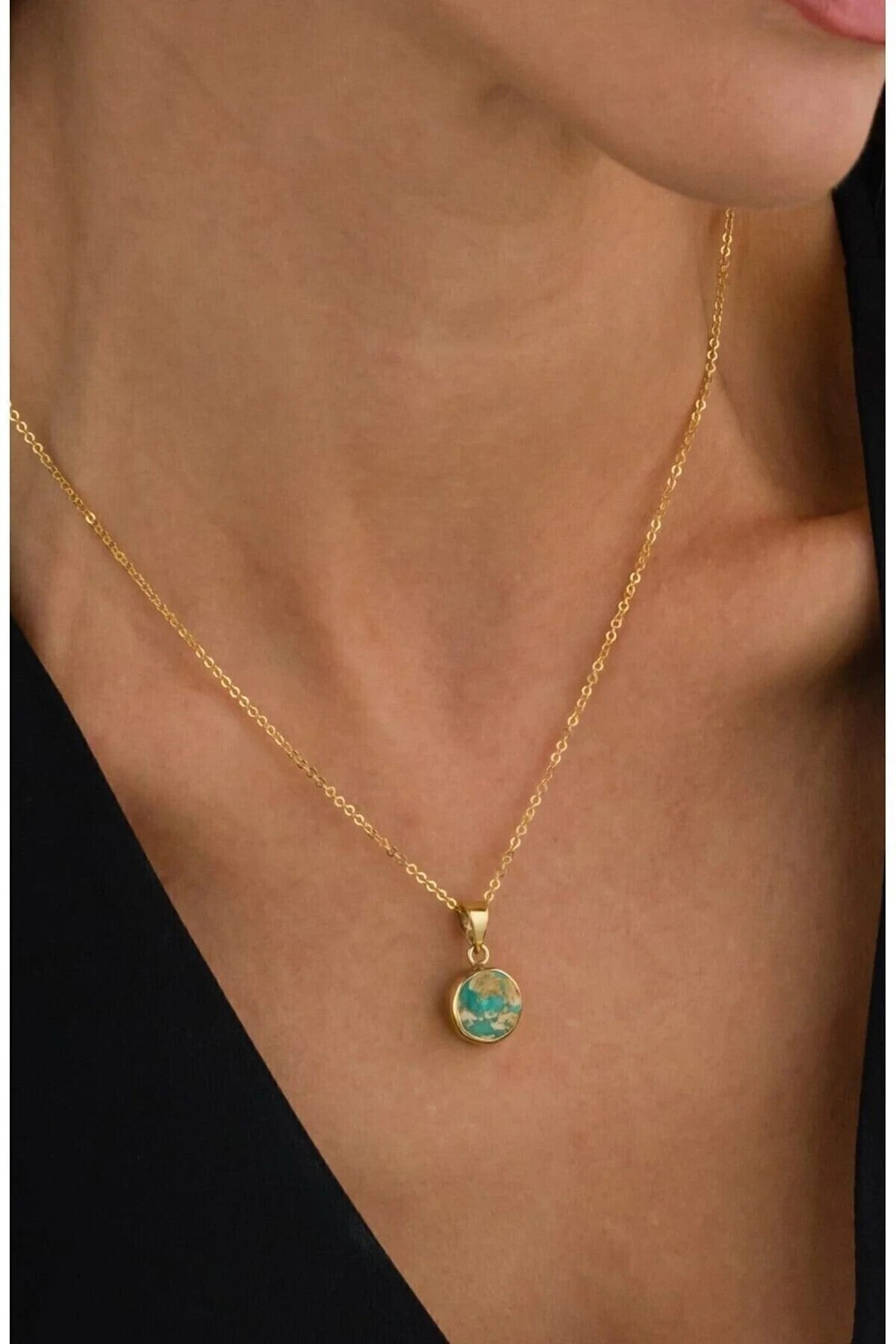 14 K Gold Kaplama 925 Ayar Gümüş Firuze Doğal Taş Kolye