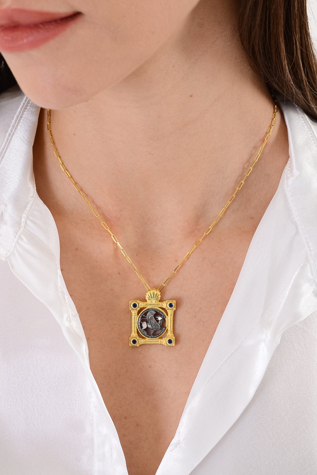 14K Gold Plated 925 Sterling Silver Lamassu Medallion Ancient Necklace