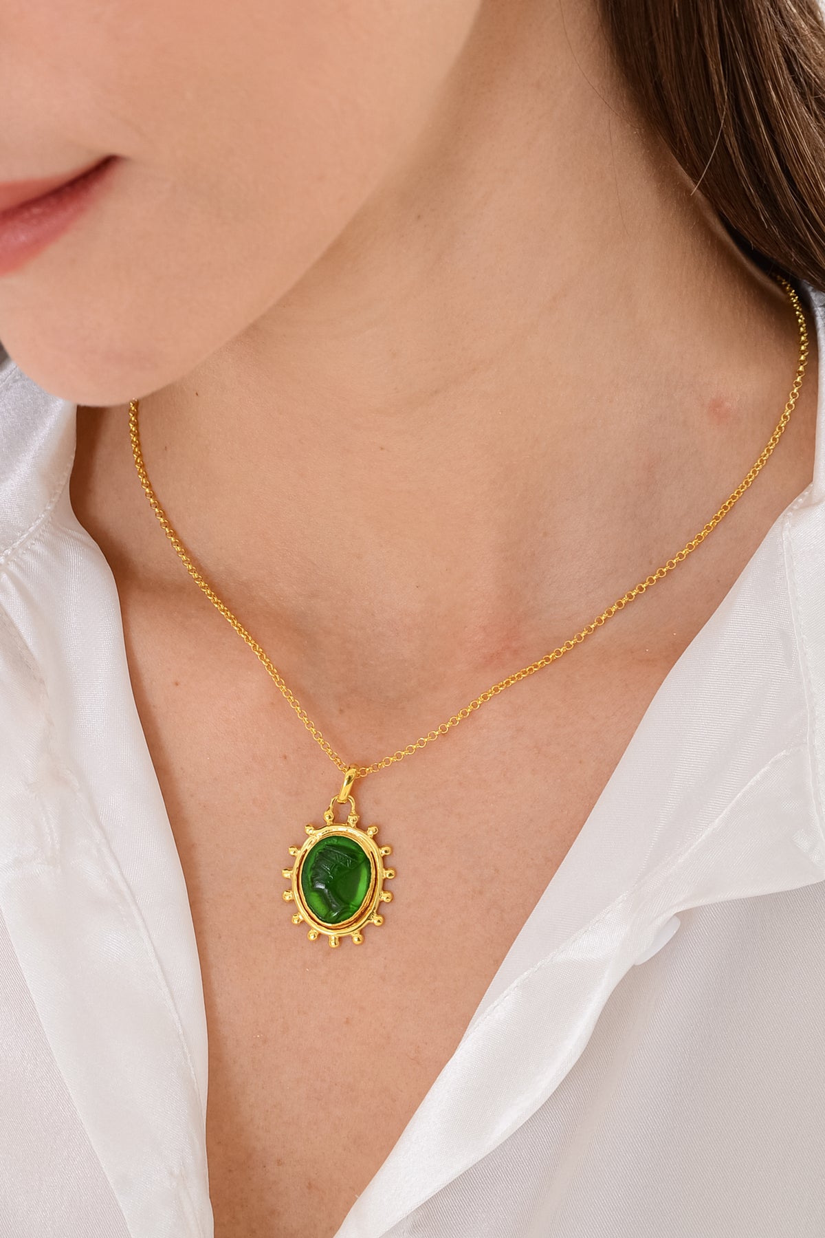 14 K Gold Kaplama 925 Ayar Gümüş Cam Baskı Firavun Antik Kolye
