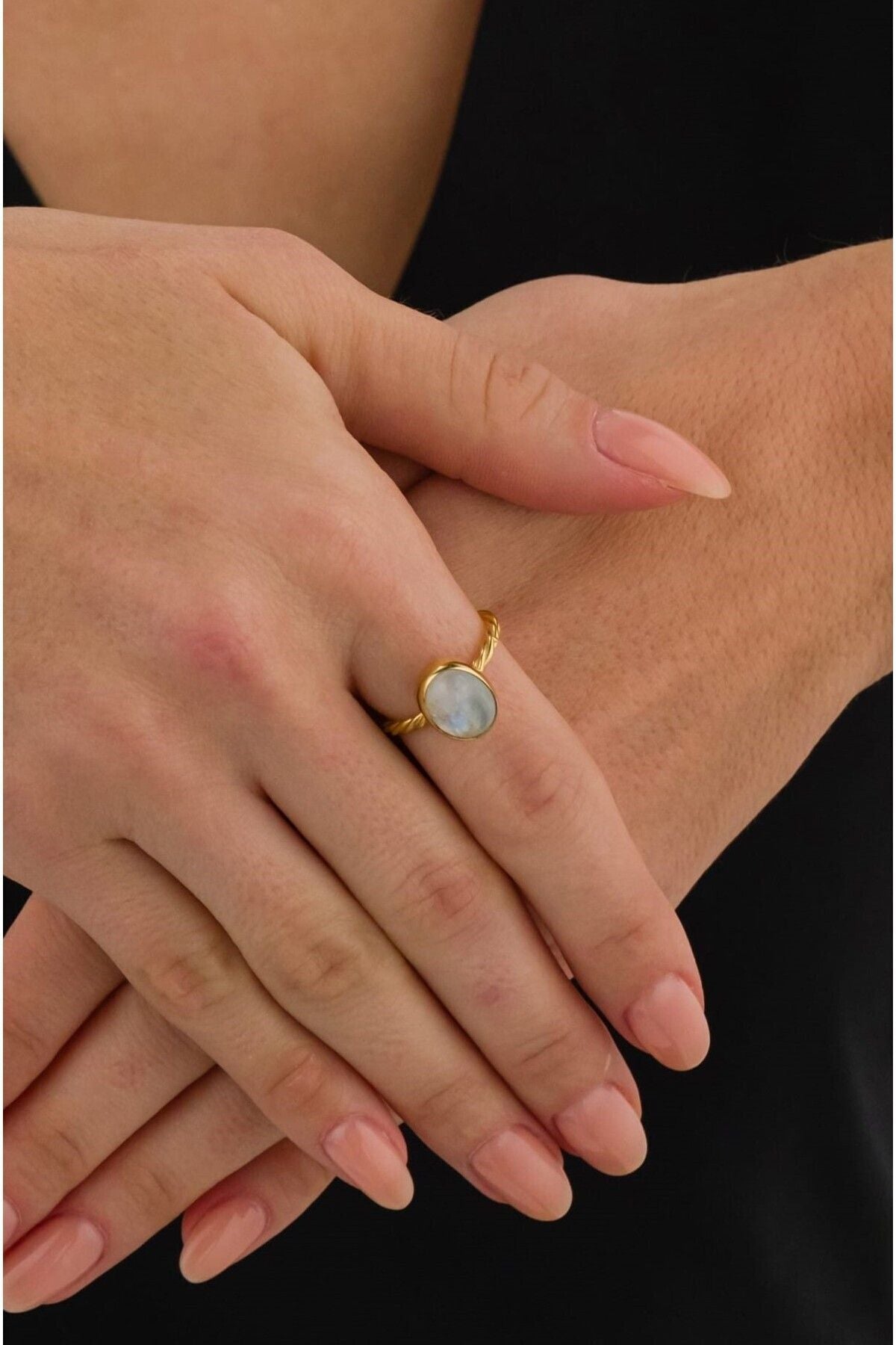 14 K Gold Kaplama 925 Ayar Gümüş Naturel Ay Taşlı El Işi Yüzük