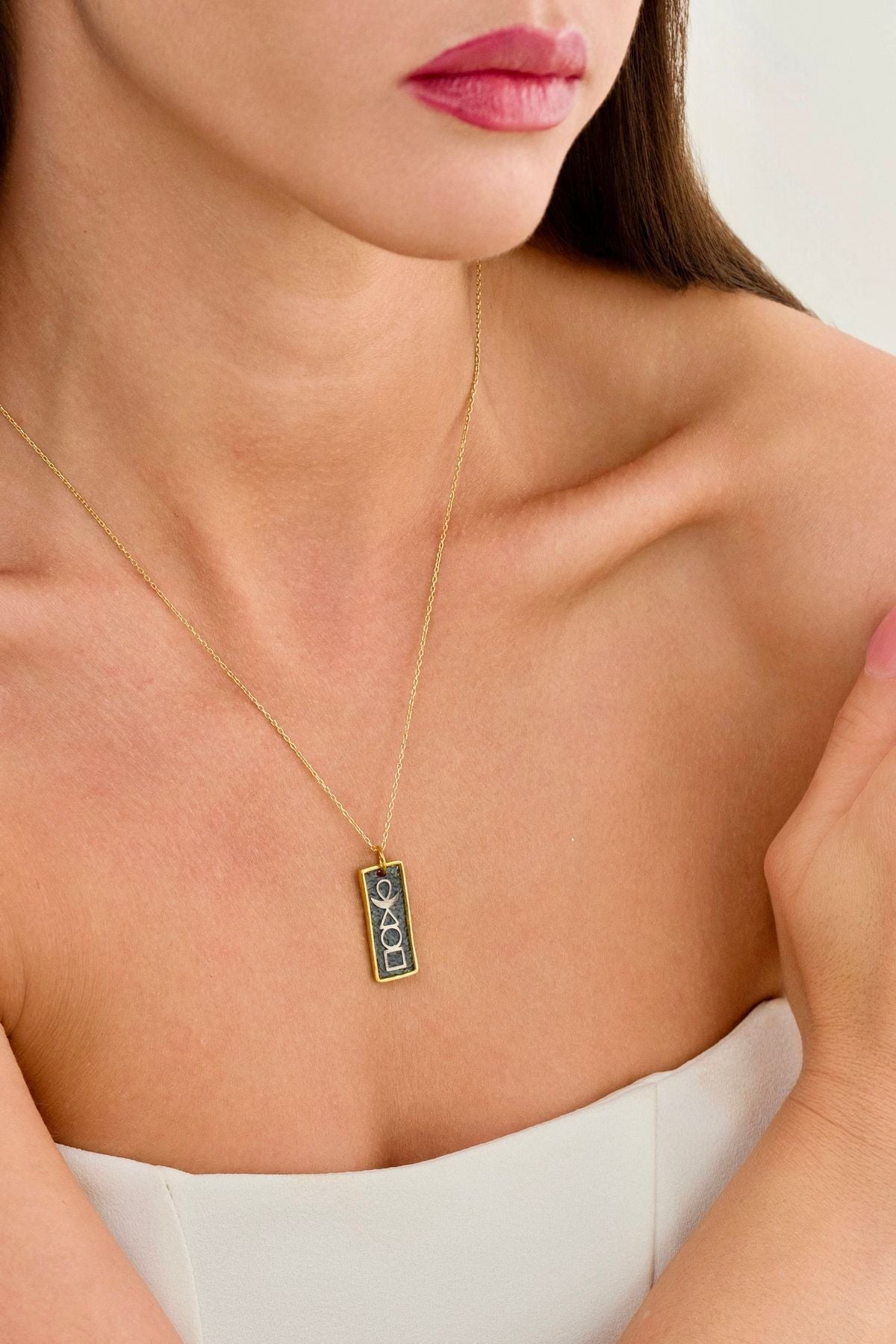 14 K Gold Kaplama 925 Ayar Gümüş Dikdörtgen 4 Element Kolye