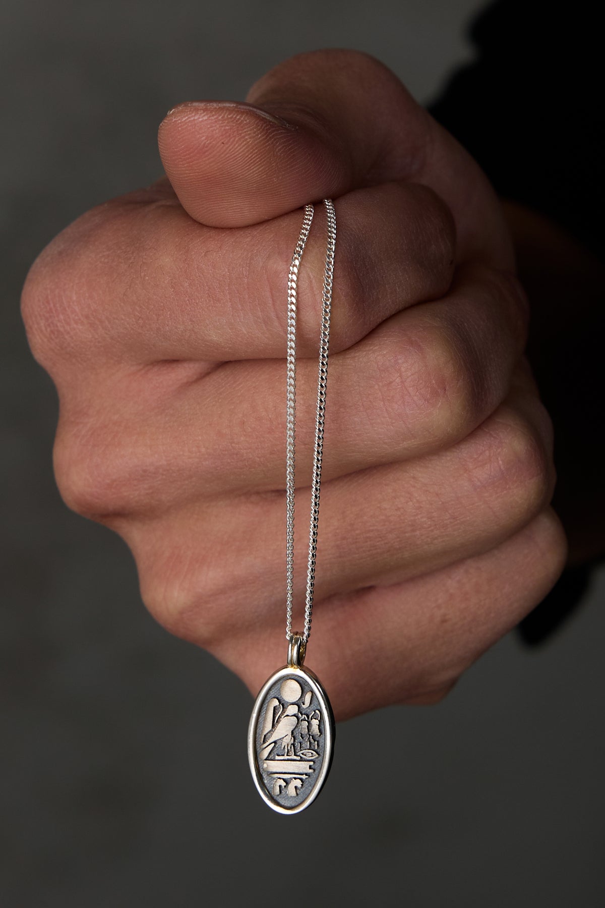 925 Sterling Silver Oxidized Oval Hieroglyph Gourmet Necklace