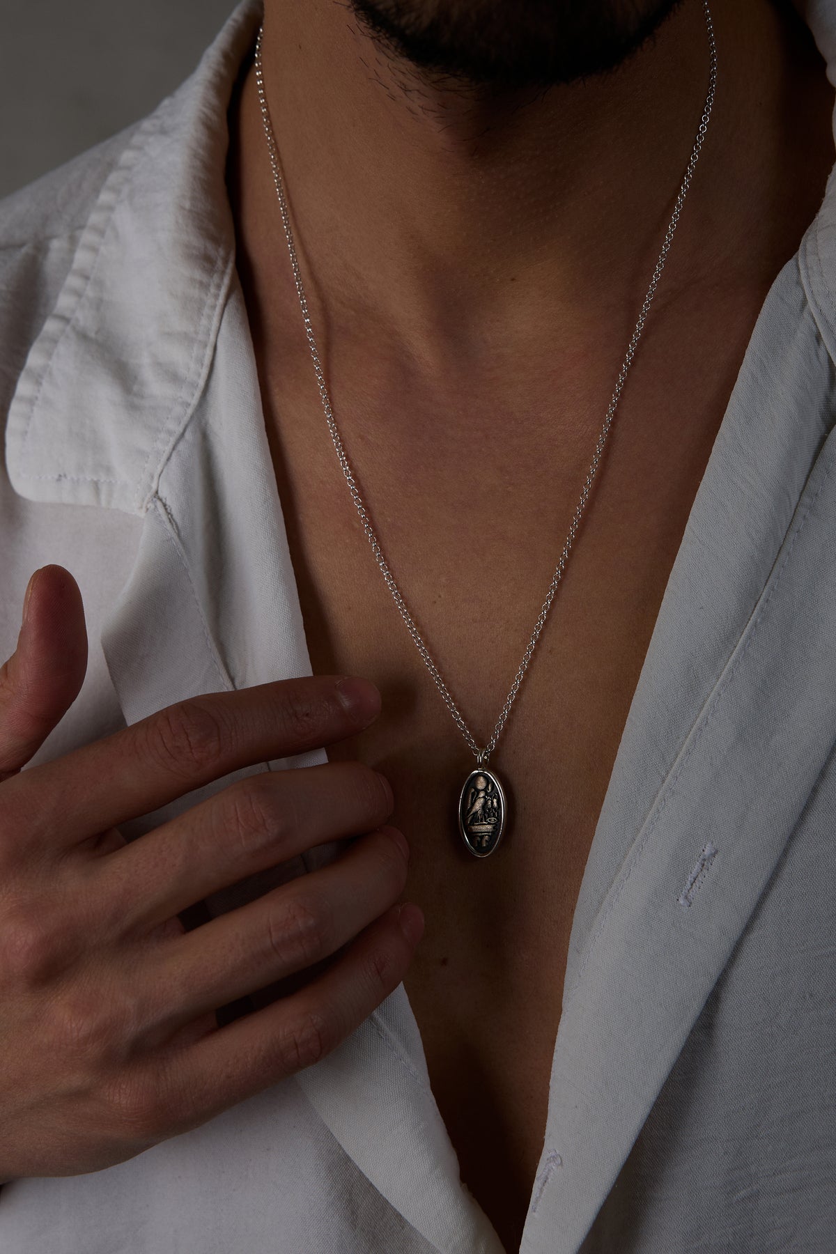 925 Sterling Silver Oxidized Oval Hieroglyph Dodge Necklace