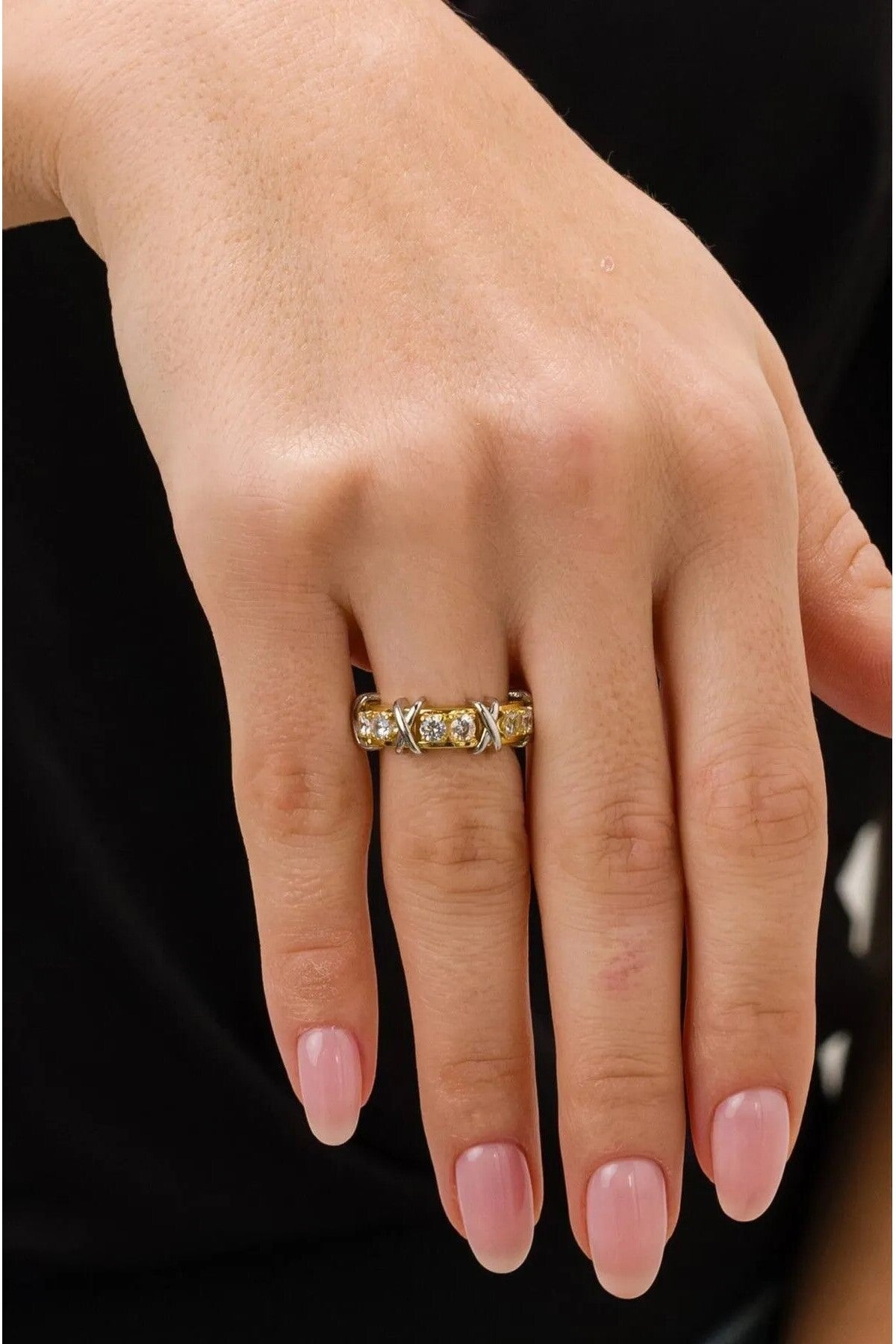 14 K Gold Kaplama 925 Ayar Gümüş Çift Renk Yüzük - Yüzük Ölçüsü Gerektirmez