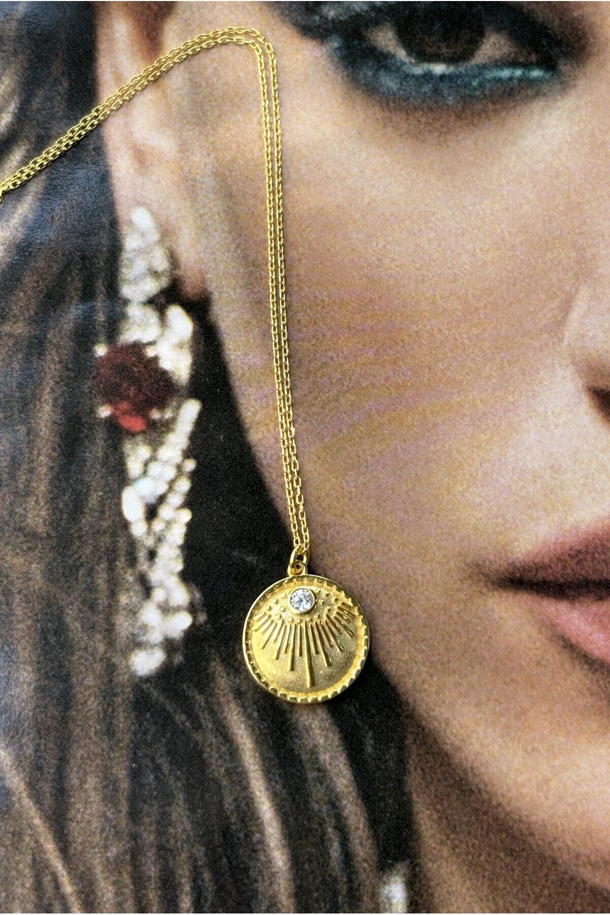 14 K Gold Kaplama 925 Ayar Gümüş Güneş Tasarım Mıhlama Kolye