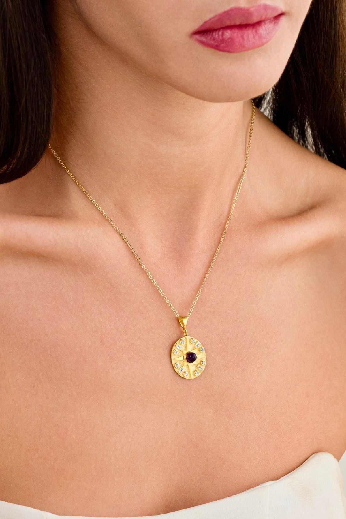 14 K Gold Kaplama 925 Ayar Gümüş Ametist Taşlı Kolye