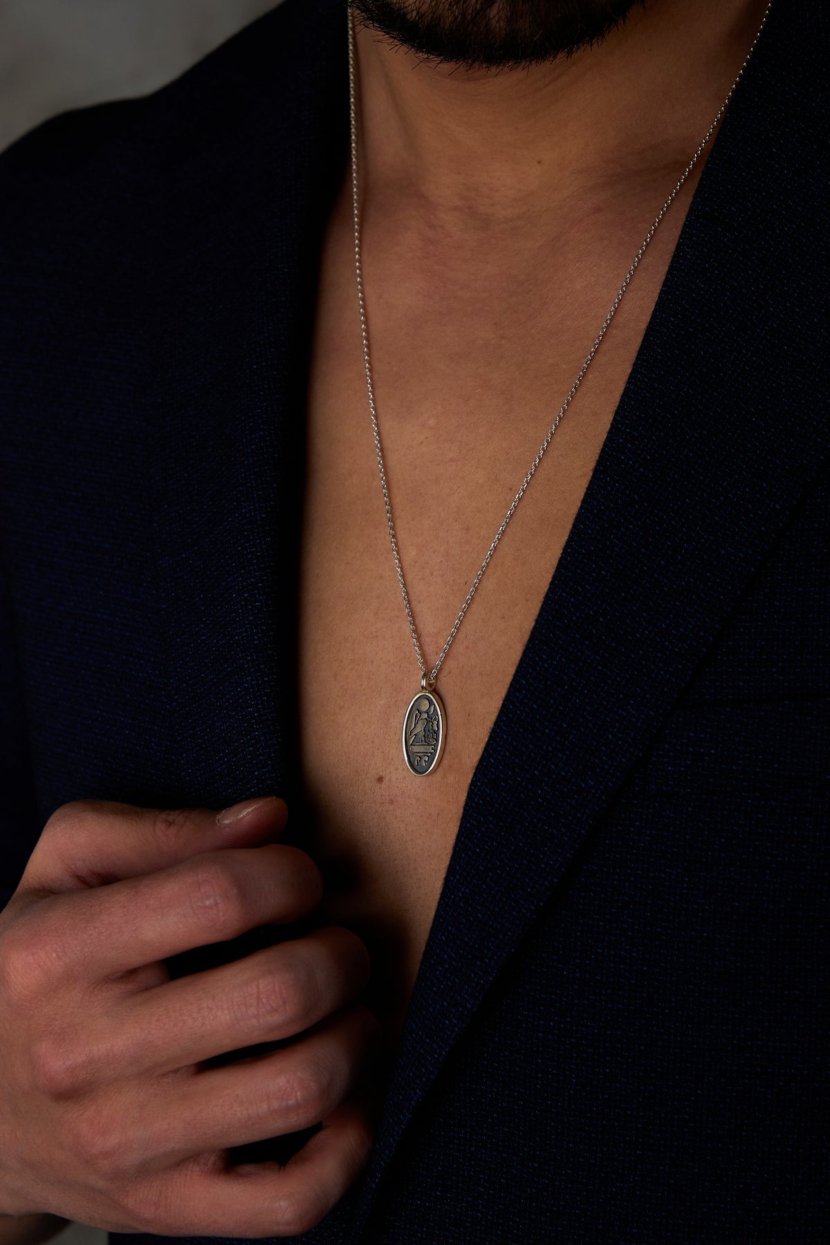 925 Sterling Silver Oxidized Oval Hieroglyph Forse Necklace