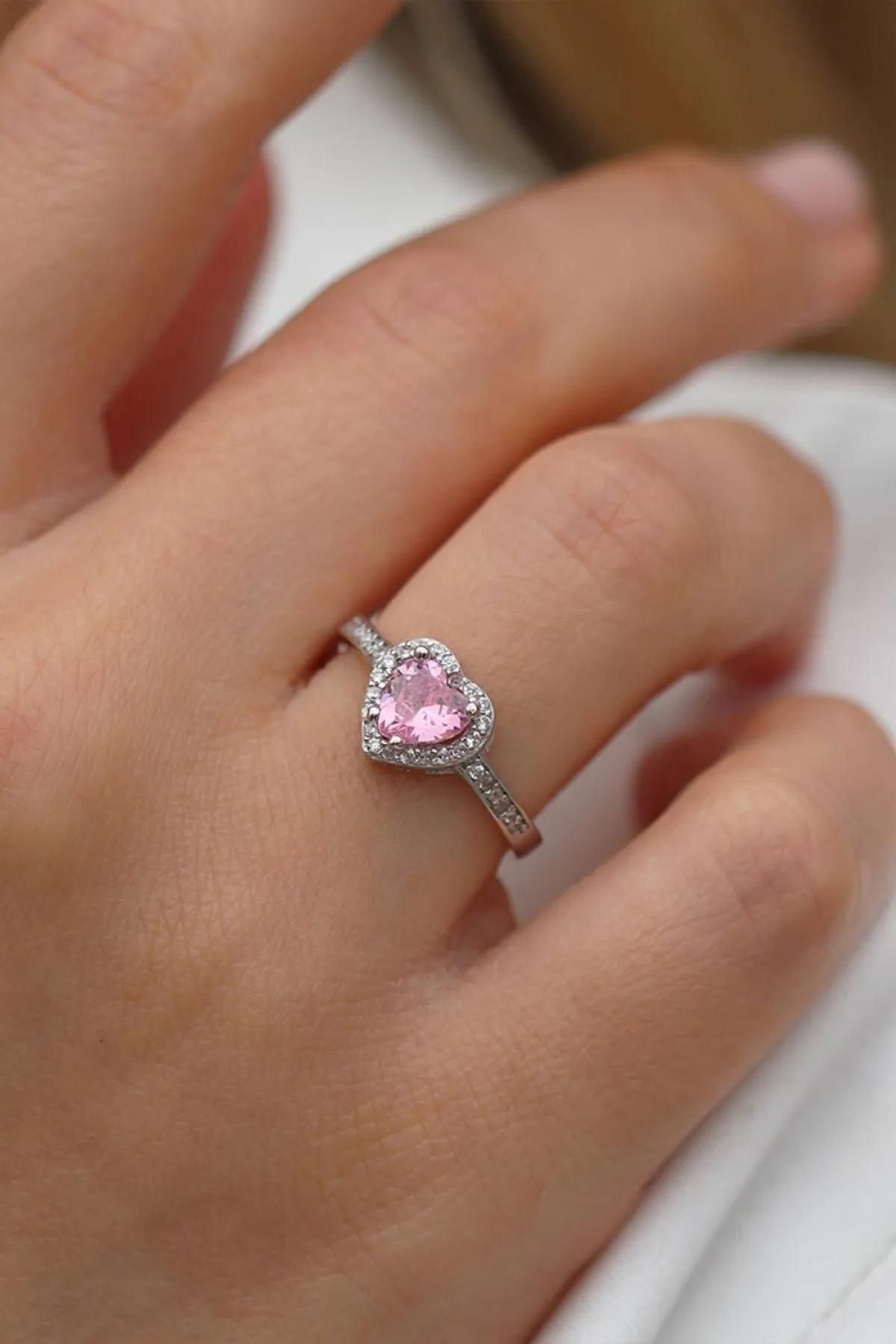 14 K White Gold Kaplama 925 Ayar Gümüş Pembe Kalp Yüzük