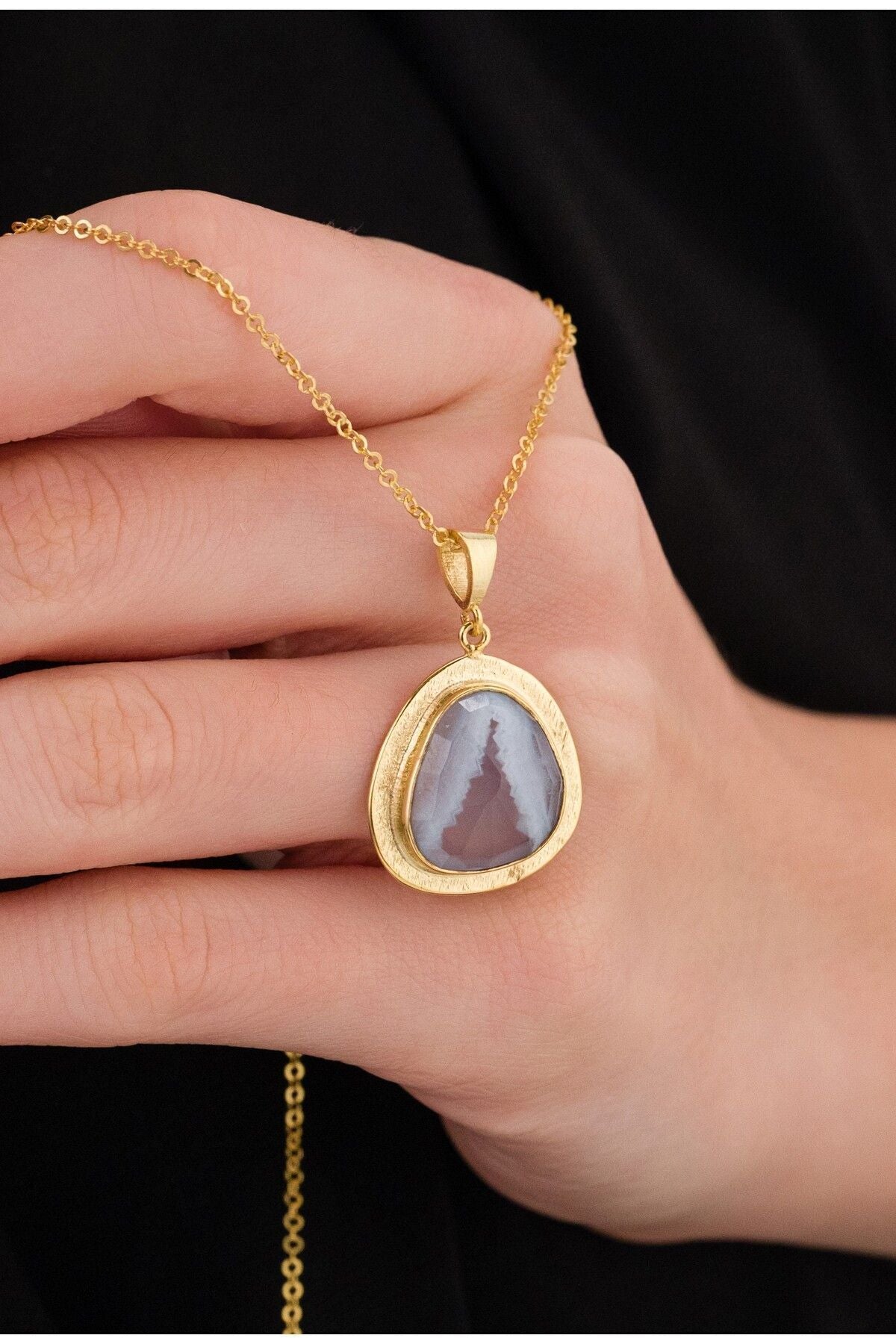 14 K Gold Kaplama 925 Ayar Gümüş Ultra Temiz Doğal Kalsedon Kolye