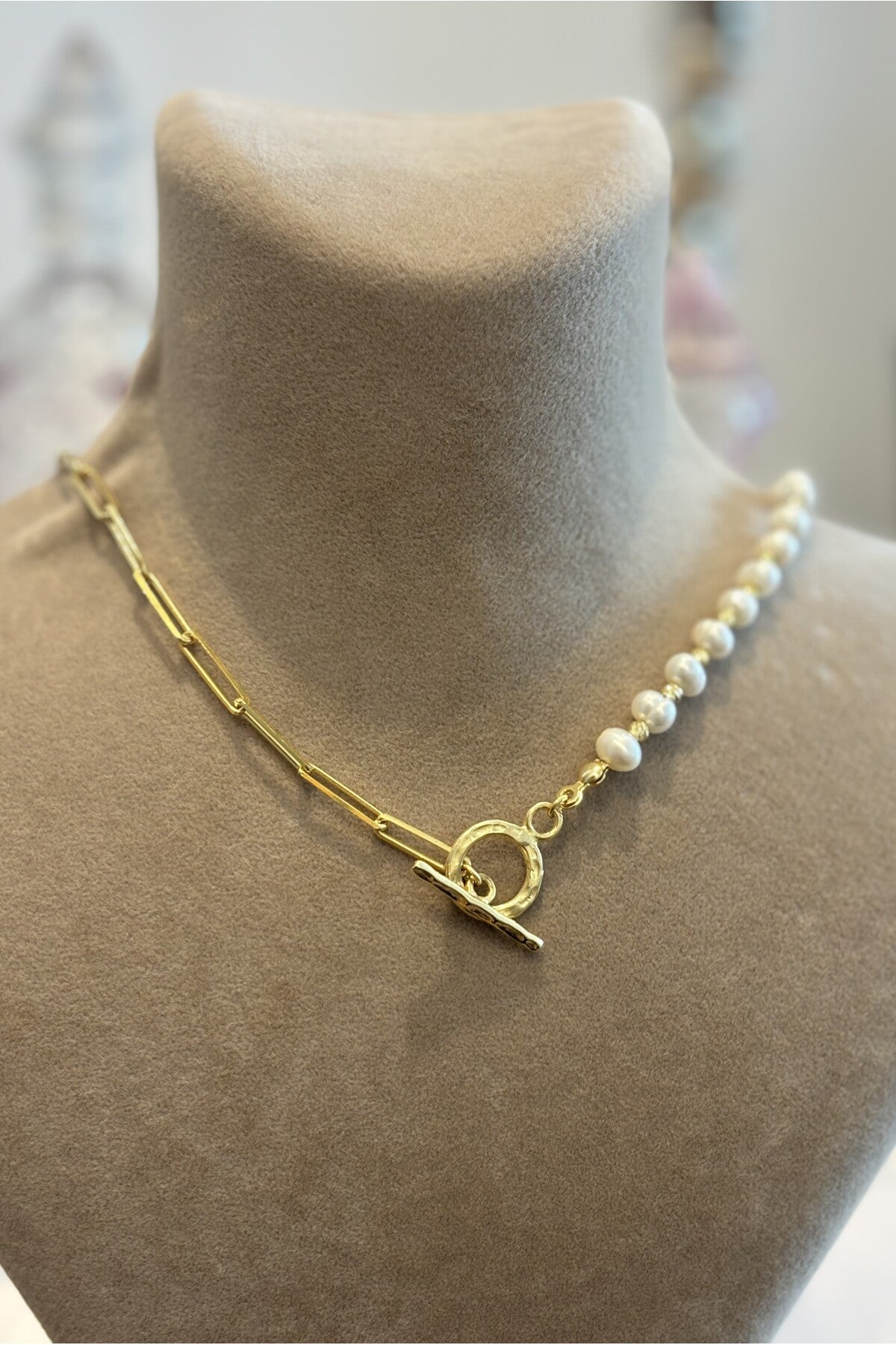 14 K Gold Kaplama 925 Ayar Gümüş T Kilit Doğal İnci Kolye