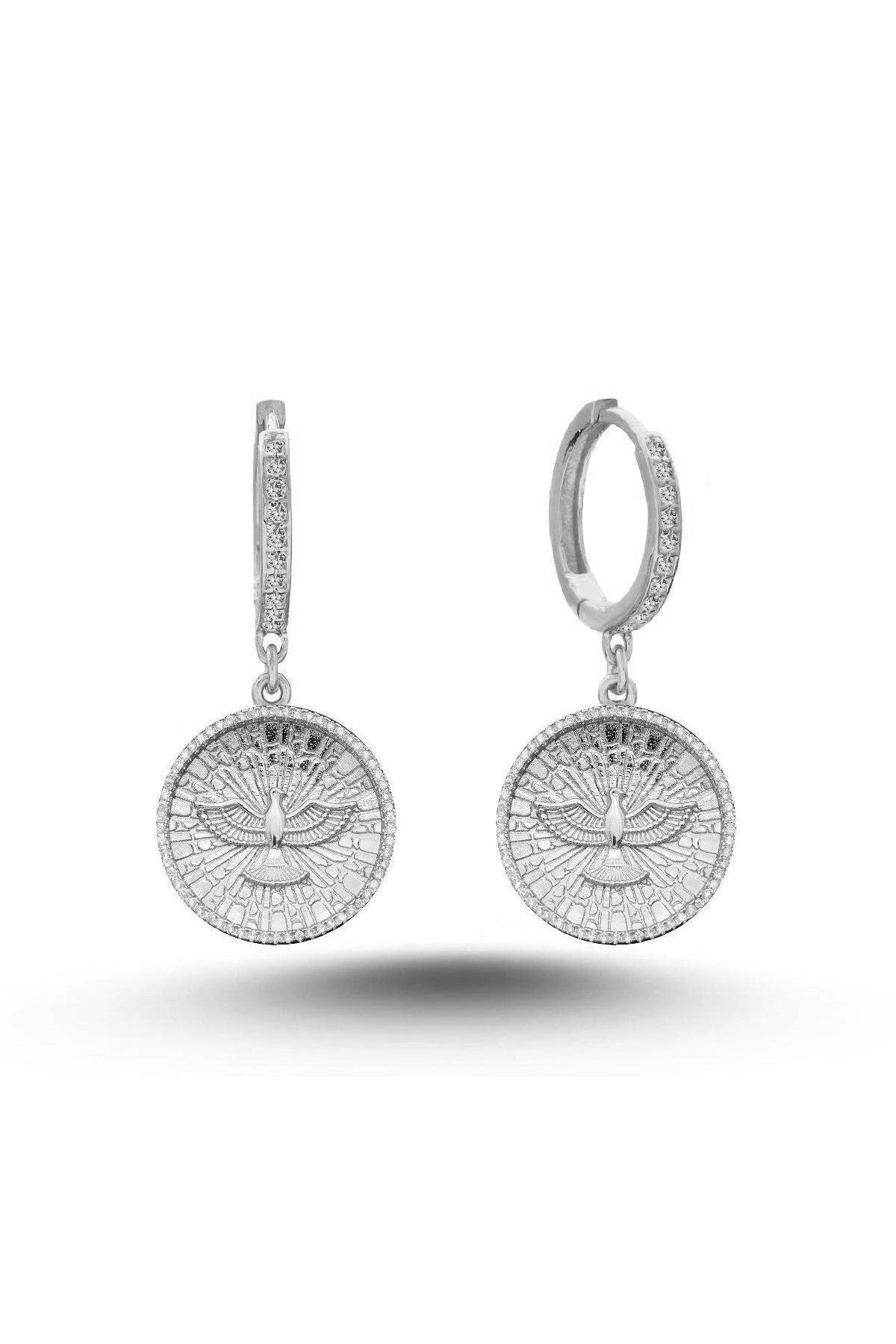 14 K White Gold Kaplama 925 Ayar Gümüş Anka Kuşu Küpe