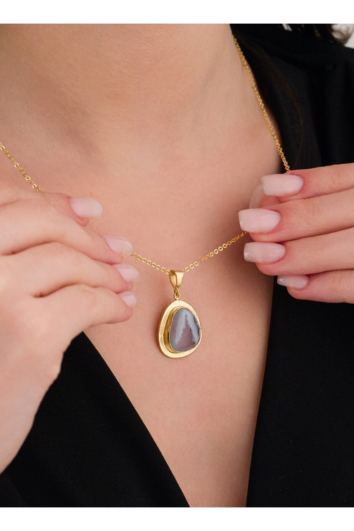 14 K Gold Kaplama 925 Ayar Gümüş Ultra Temiz Doğal Kalsedon Kolye