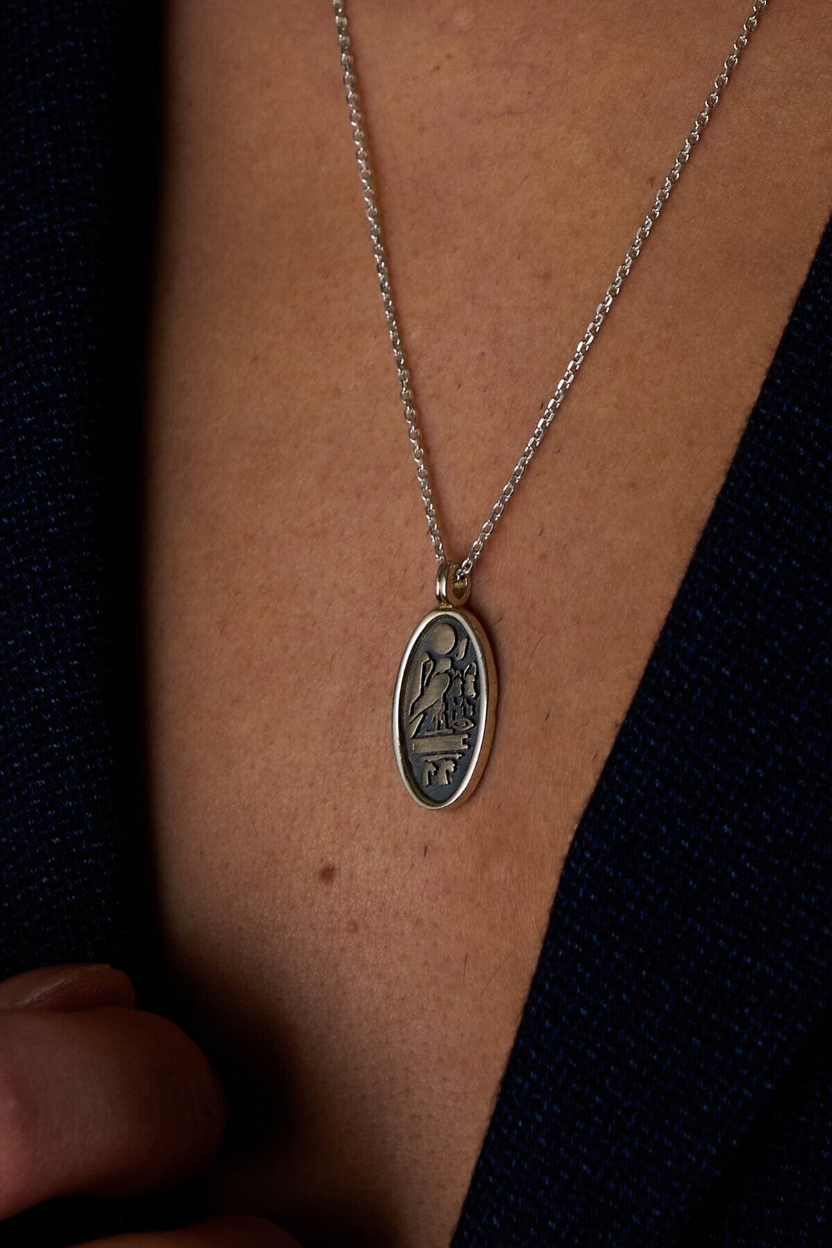 925 Sterling Silver Oxidized Oval Hieroglyph Forse Necklace