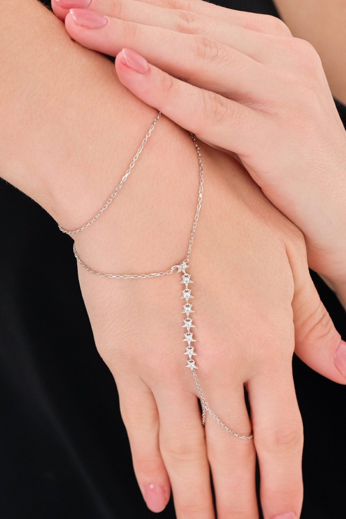 14 K Beyaz Altın Kaplama 925 Ayar Gümüş Yıldız Taş Mıhlamalı Şahmeran