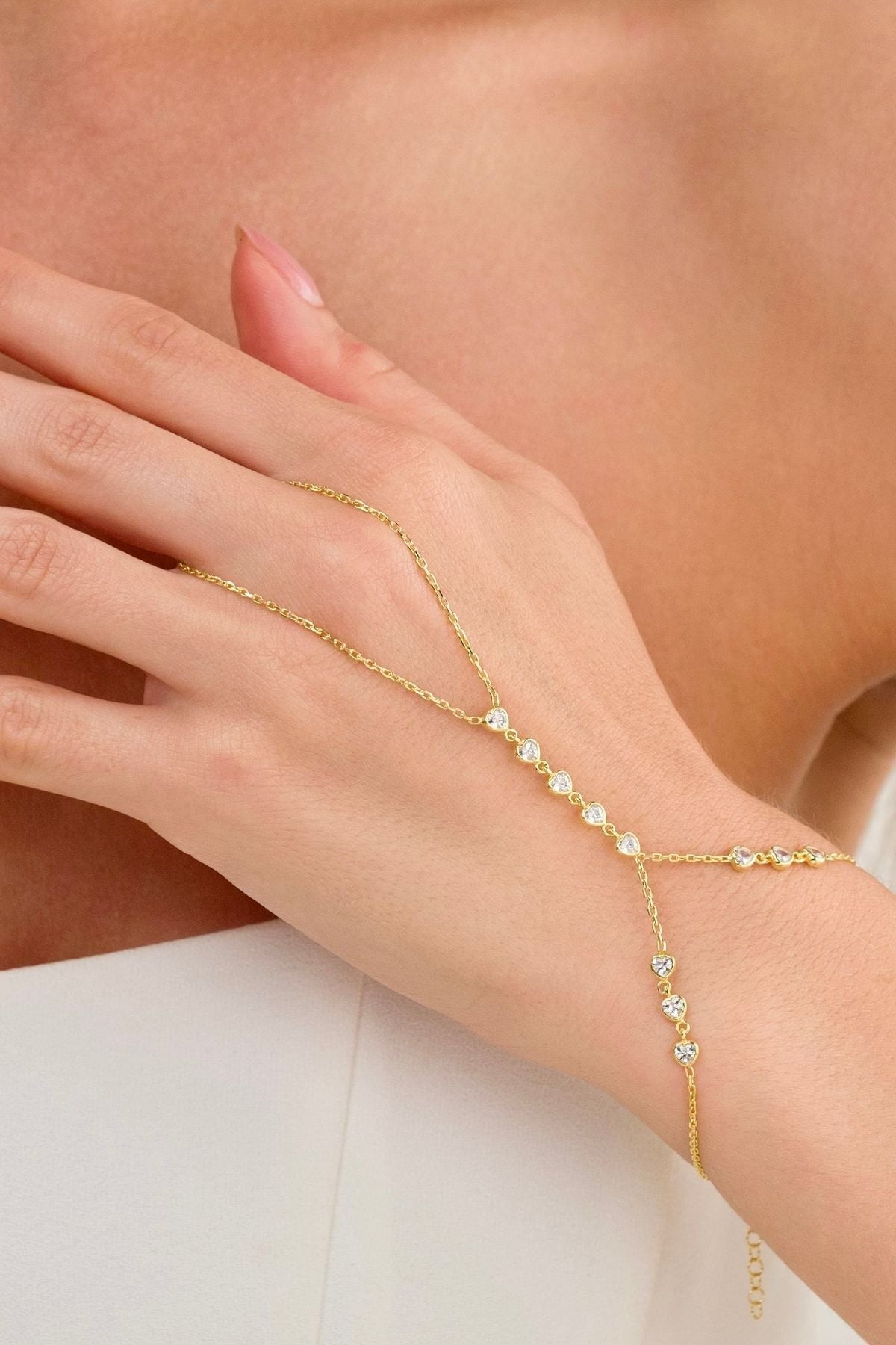 14 K Gold Kaplama 925 Ayar Gümüş Sıra Kalp Taşlı Şahmeran