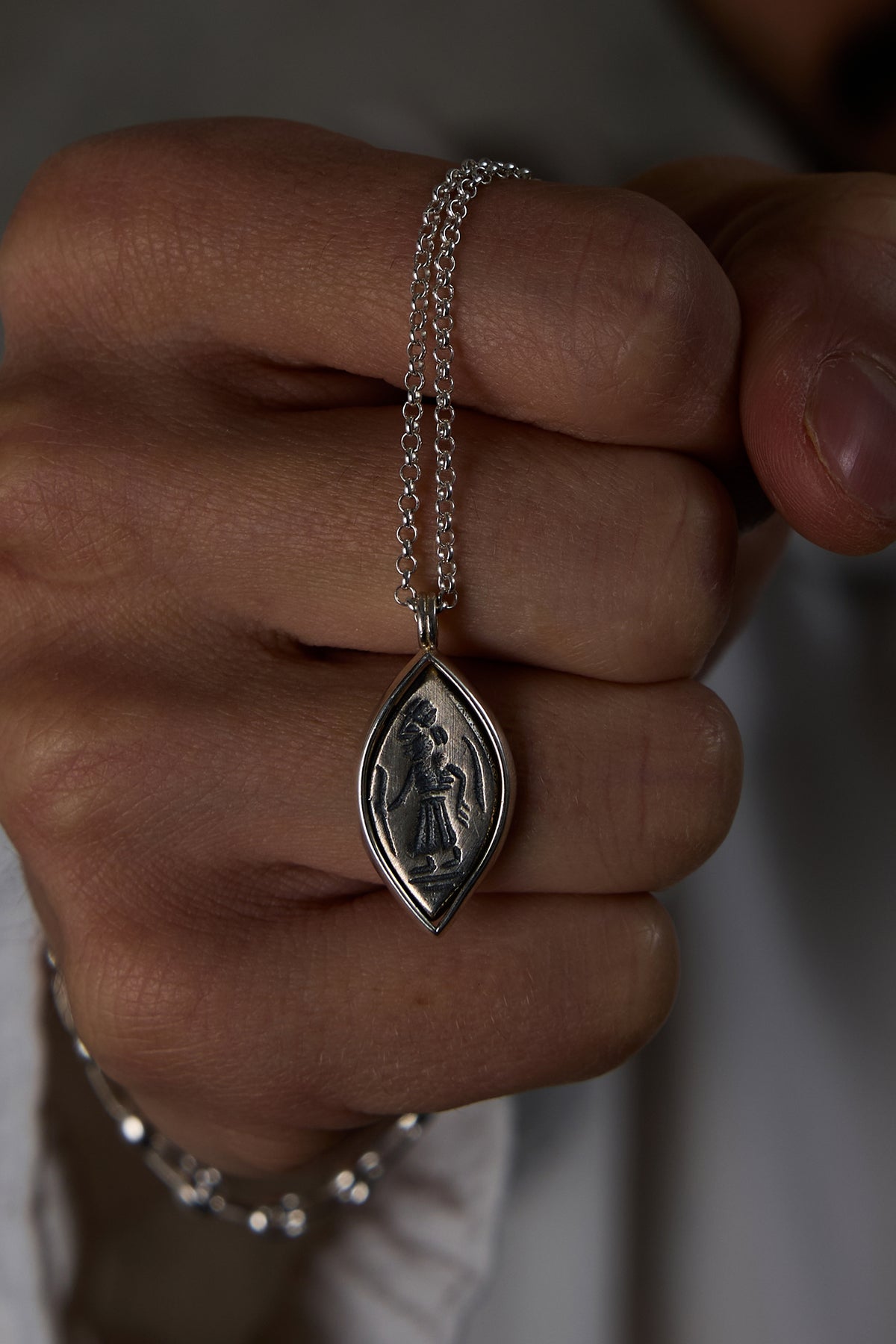 925 Sterling Silver Matte Oxidized Petroglyph Oval Dodge Necklace