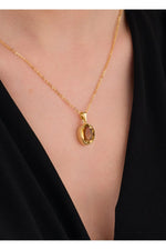 14 K Gold Kaplama 925 Ayar Gümüş Ultra Temiz Faset Kesimli Doğal Sitrin Kolye
