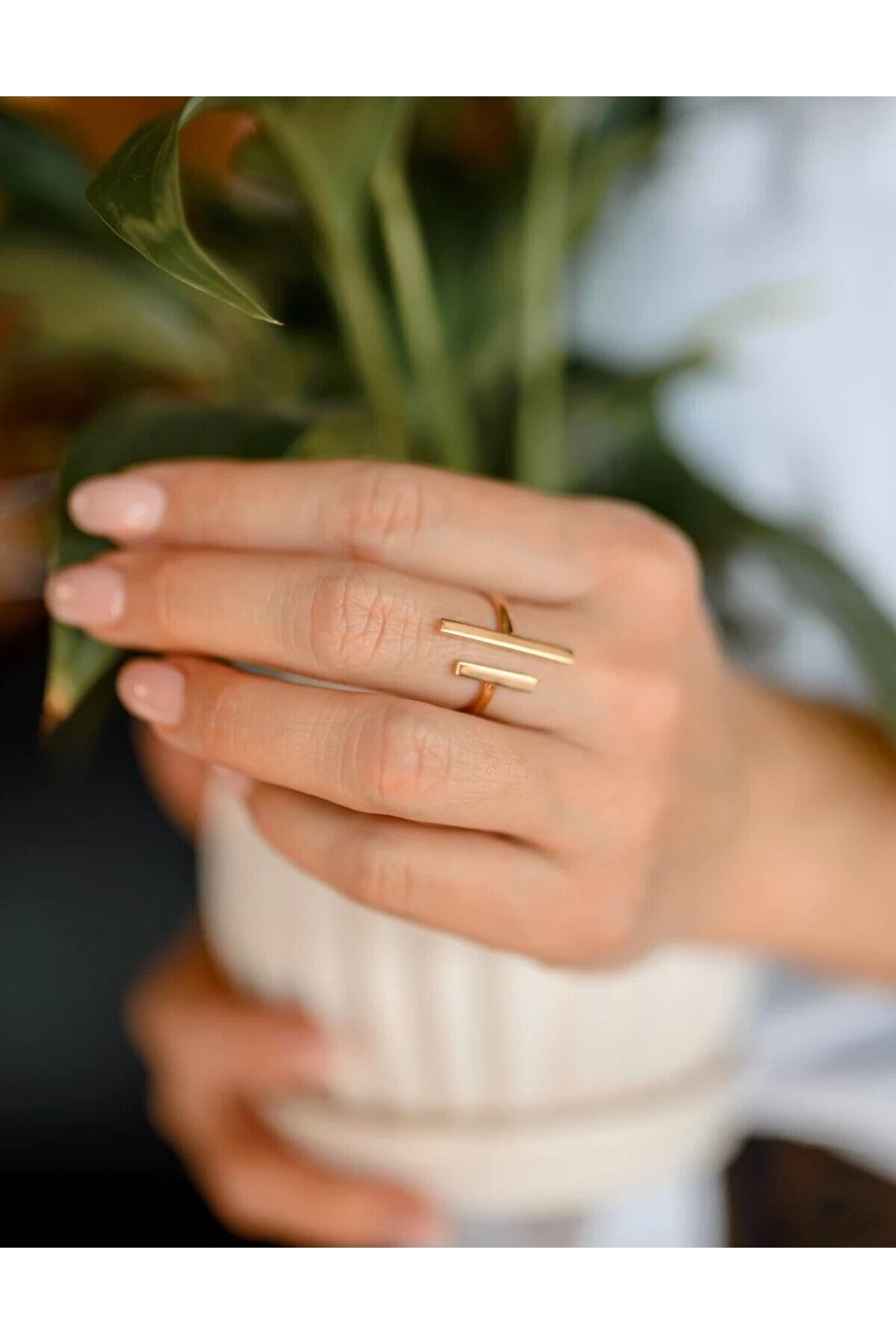 14 K Gold Kaplama 925 Ayar Gümüş El Yapımı Geniş T Bar Yüzük