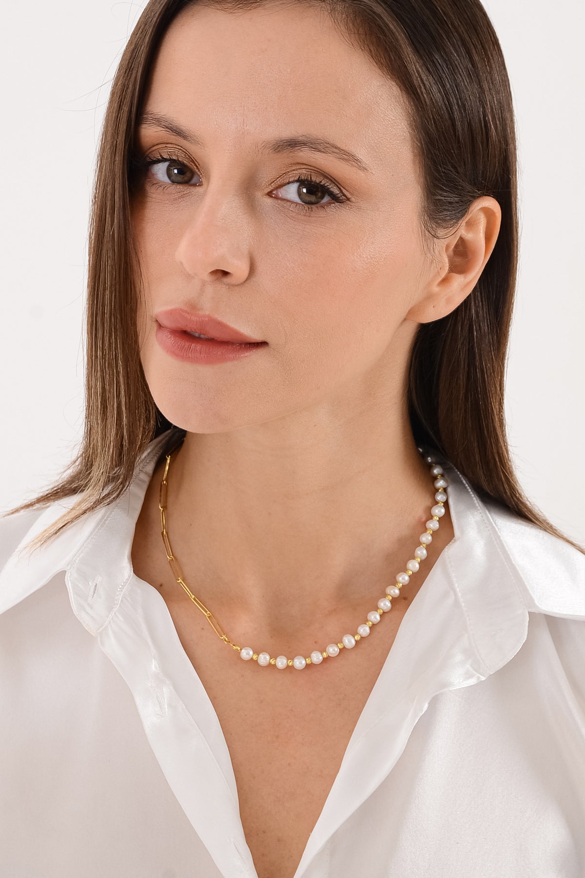14K Gold Plated 925 Sterling Silver T Bar Organic Pearl Dorika Necklace