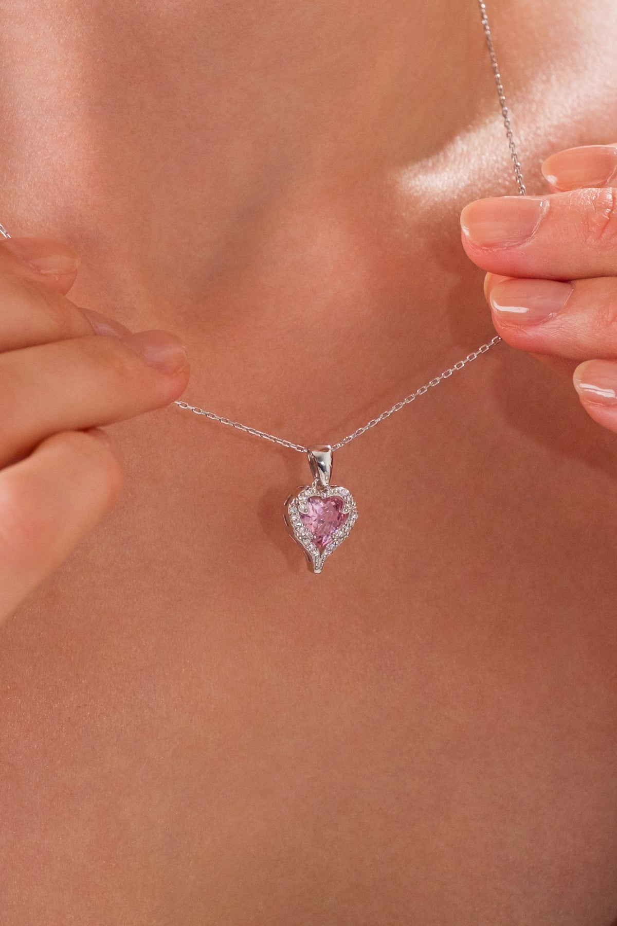 14 K White Gold Kaplama 925 Ayar Pembe Kuvars Seni Seviyorum Kalp Kolye