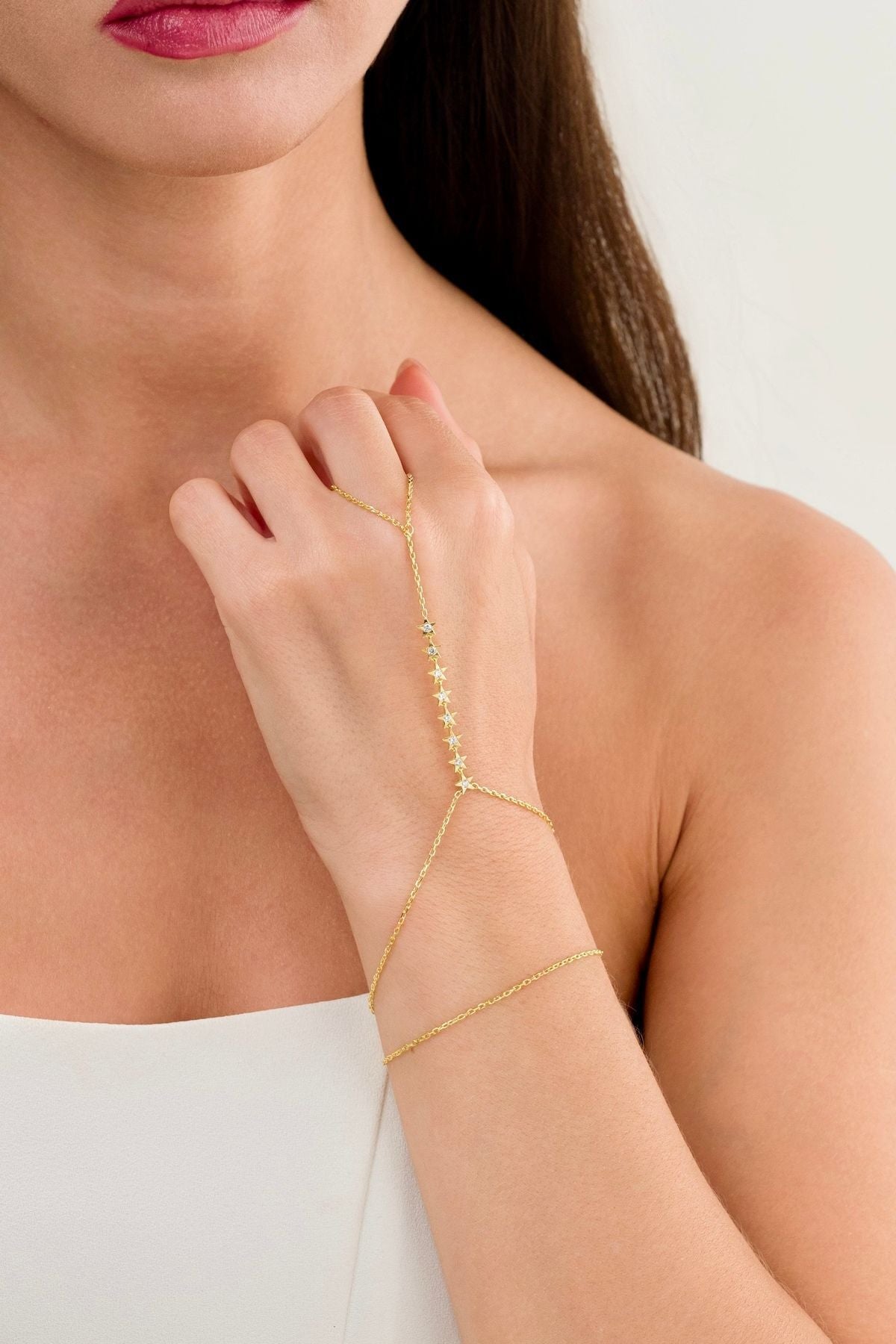 14 K Gold Kaplama 925 Ayar Gümüş Sıra Yıldız Taşlı Şahmeran