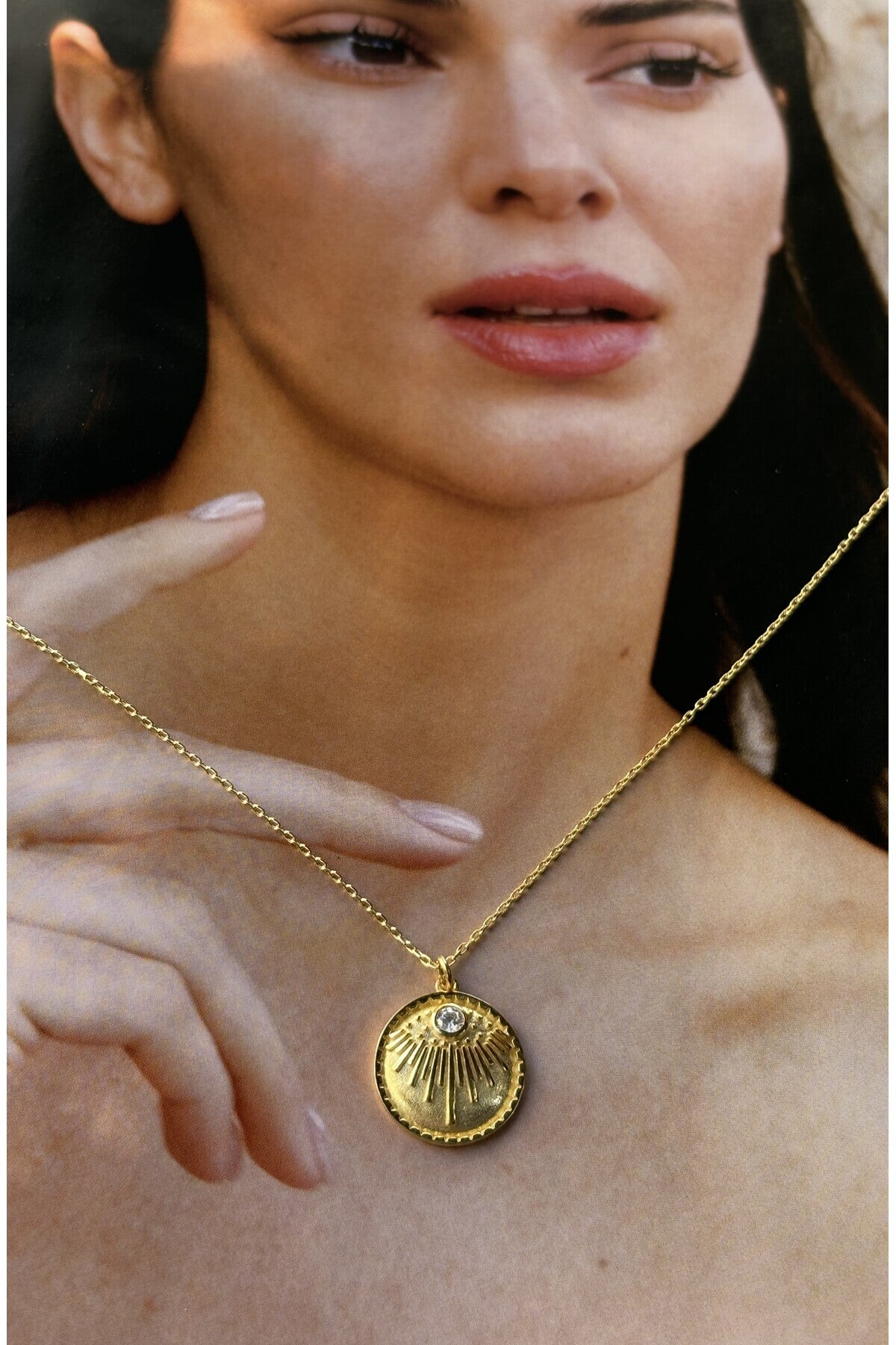 14 K Gold Kaplama 925 Ayar Gümüş Güneş Tasarım Mıhlama Kolye