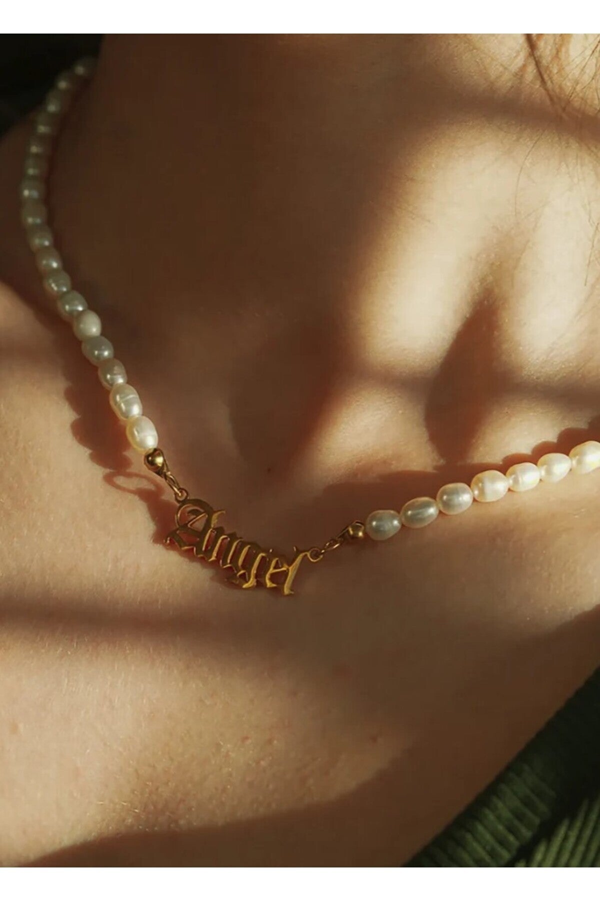 14 K Gold Kaplama 925 Ayar Gümüş Organik İnci Choker İsim Kolye
