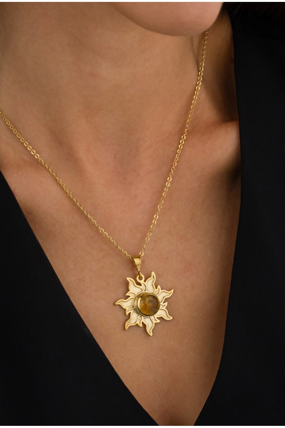14 K Gold Kaplama 925 Ayar Gümüş Sitrin Güneş Tasarım El İşi Kolye