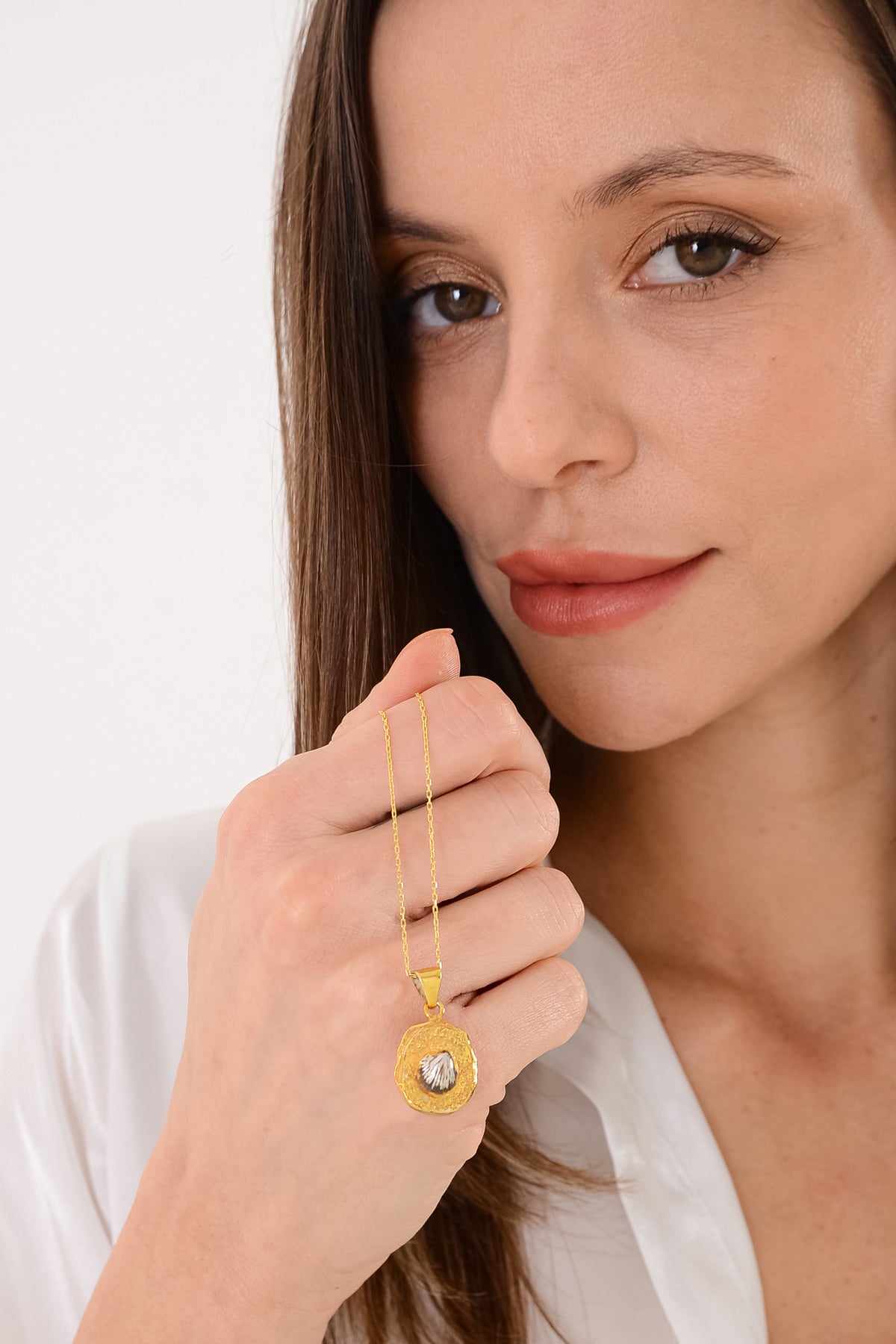 14 K Gold Kaplama 925 Ayar Gümüş Fosil Deniz Kabuğu Kolye