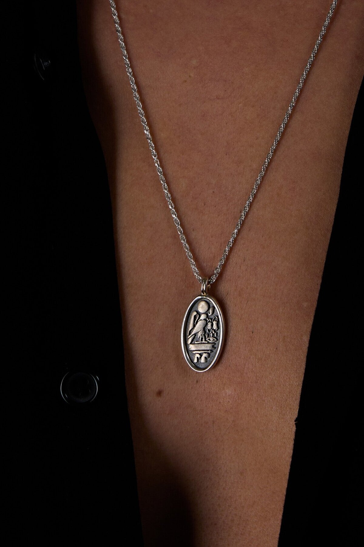925 Sterling Silver Oxidized Oval Hieroglyph Rope Necklace