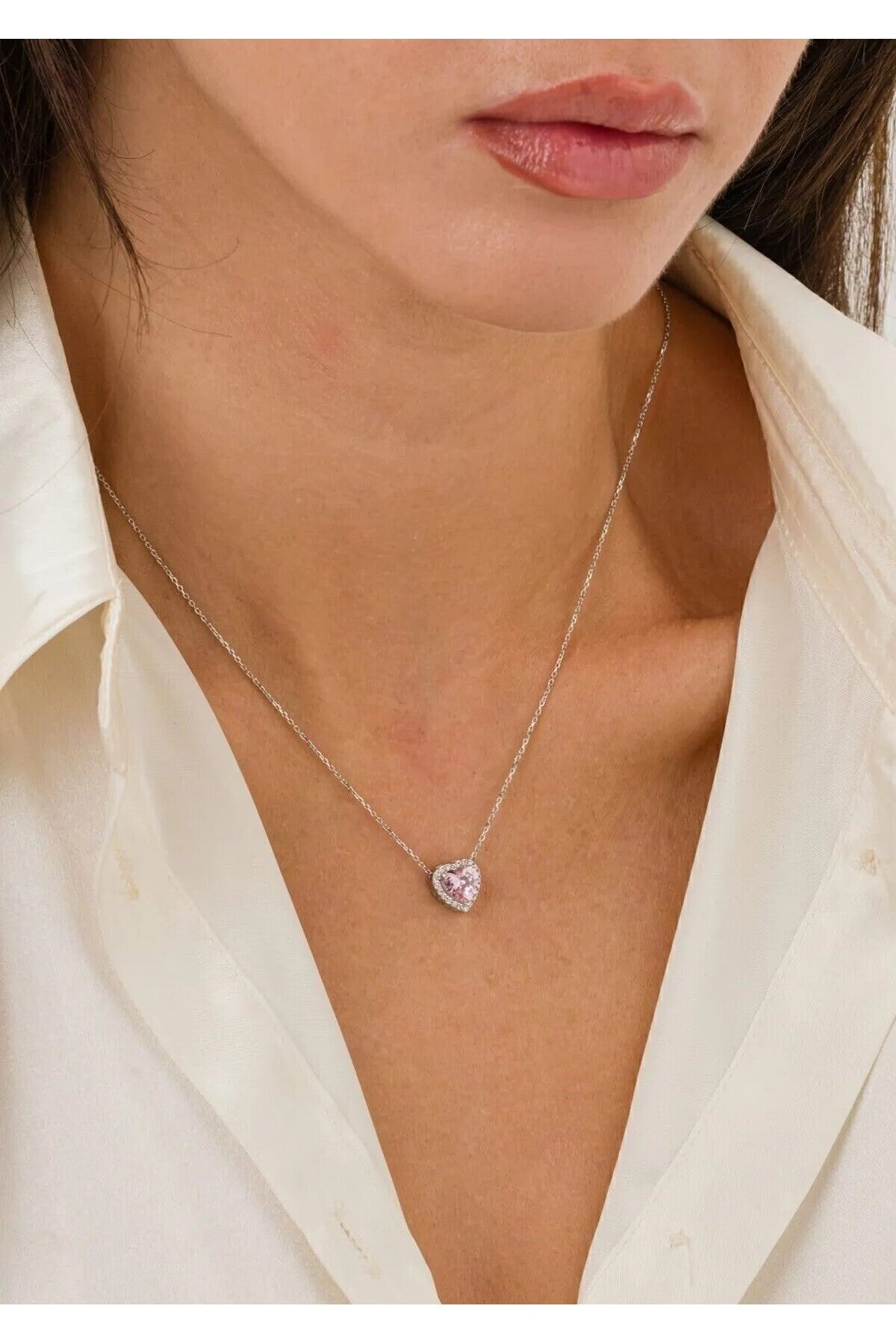 14K White Gold Plated 925 Sterling Silver Pink Quartz Heart Necklace - Shipped in Illuminated Box