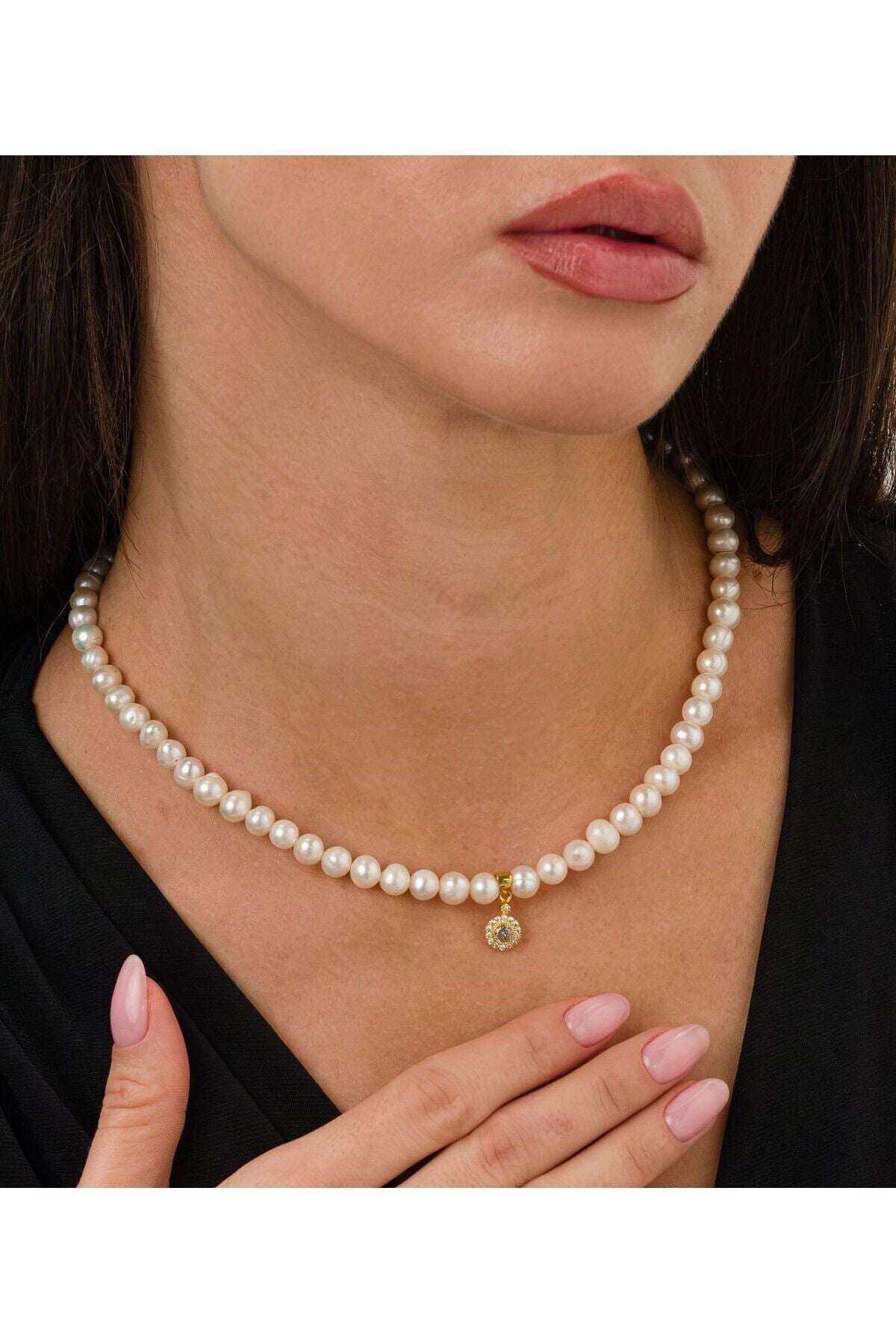 14 K Gold Kaplama 925 Ayar Gümüş Choker Doğal Inci Kolye