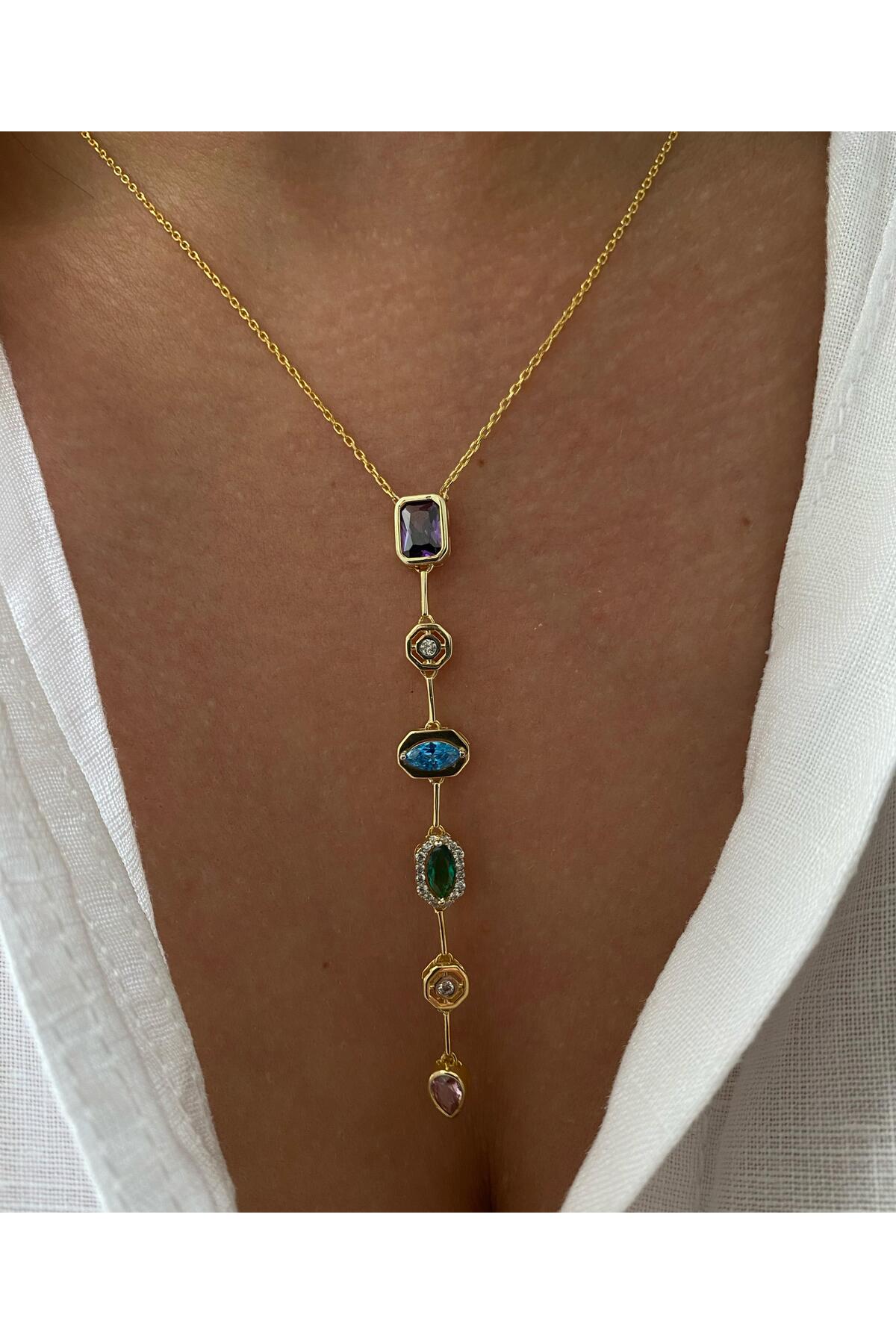 14K Gold Plated 925 Sterling Silver Colorful Stone Y-Necklace
