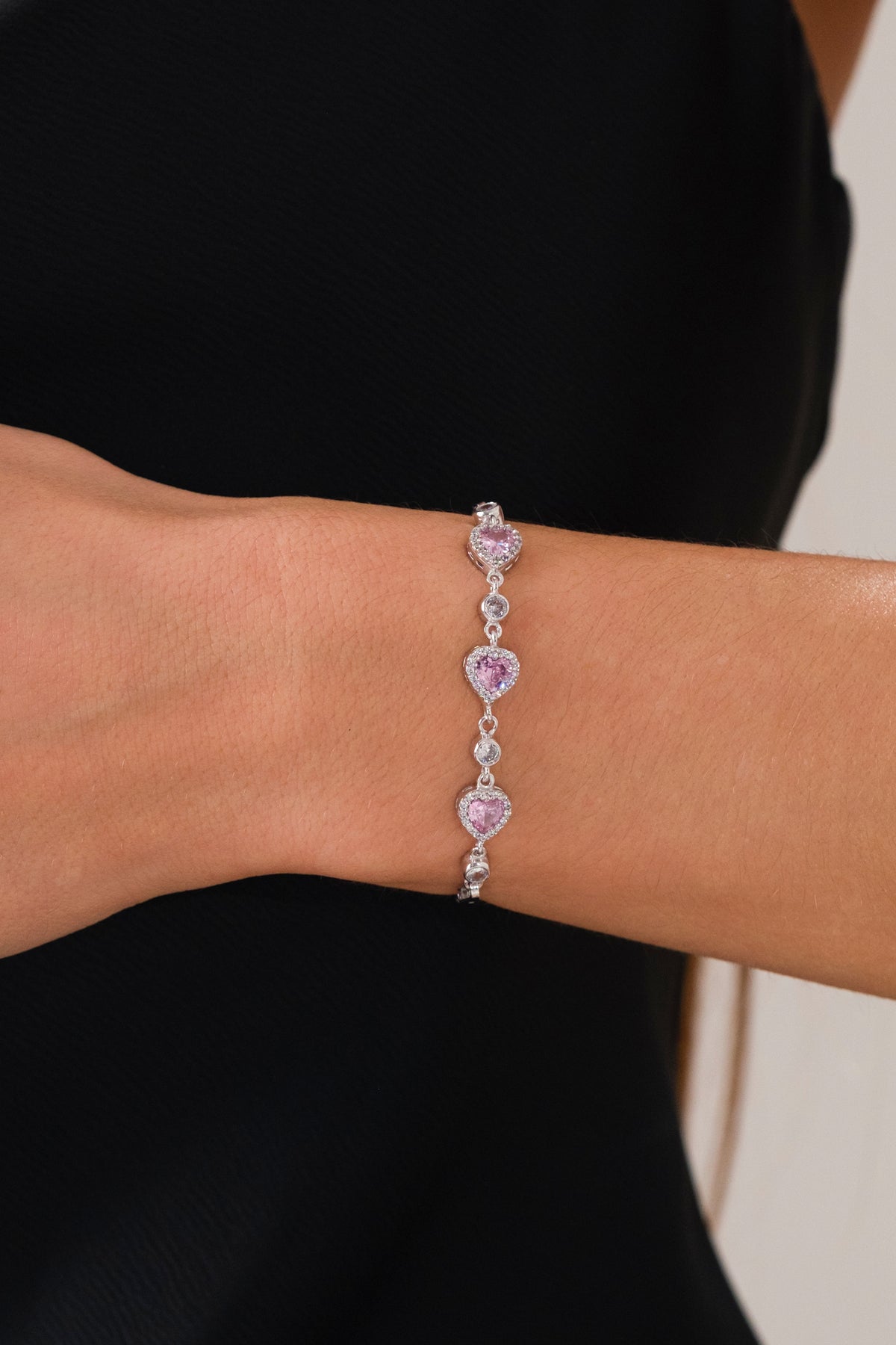 14K White Gold Plated 925 Sterling Silver Rose Quartz Heart Bracelet