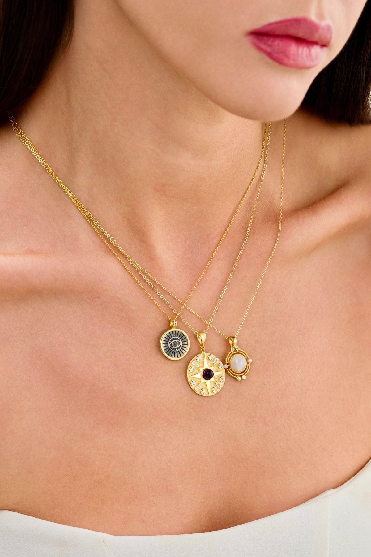 14 K Gold Kaplama 925 Ayar Gümüş Ametist Taşlı Kolye