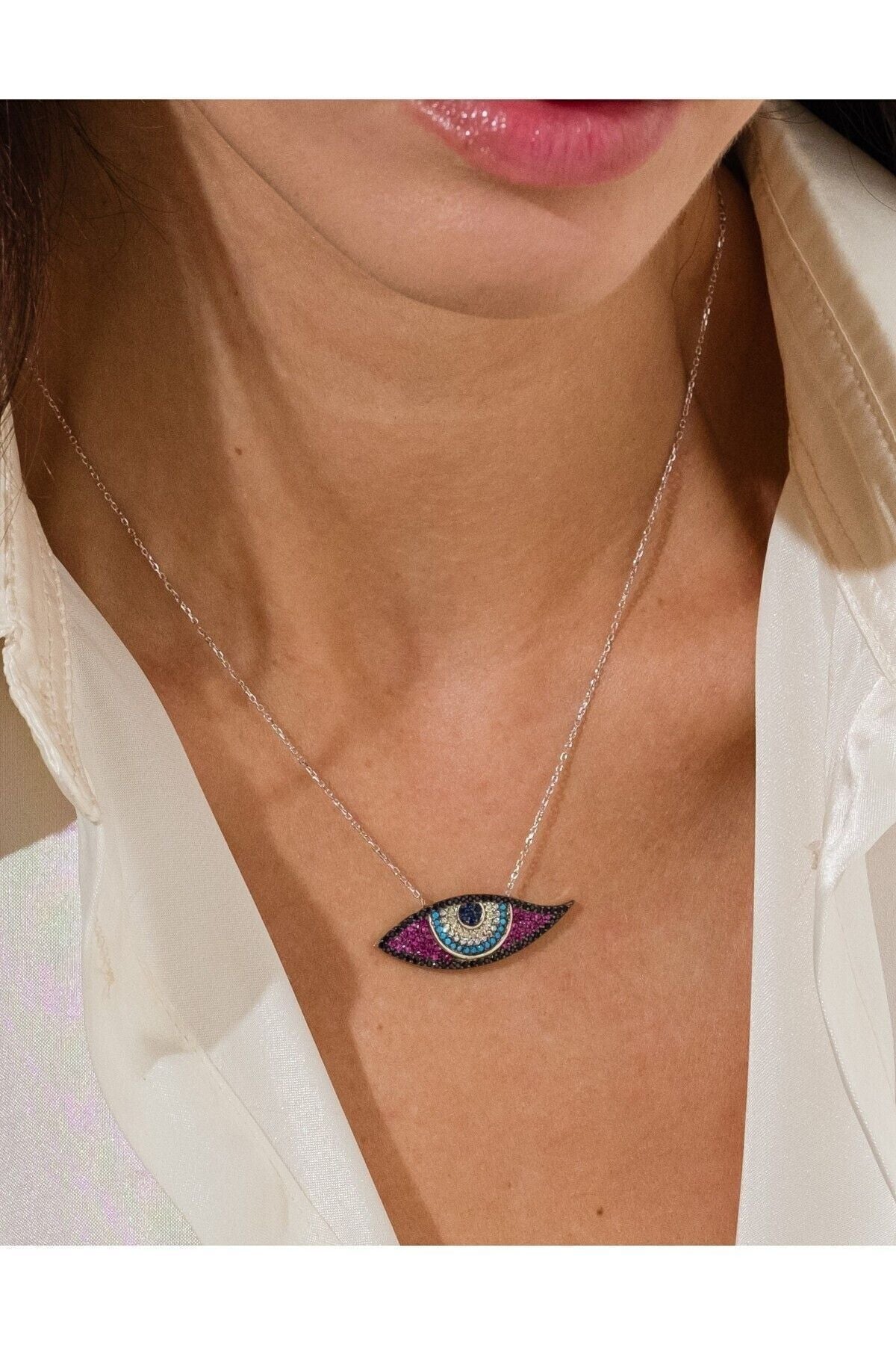 14K White Gold Plated 925 Sterling Silver Protective Evil Eye Necklace