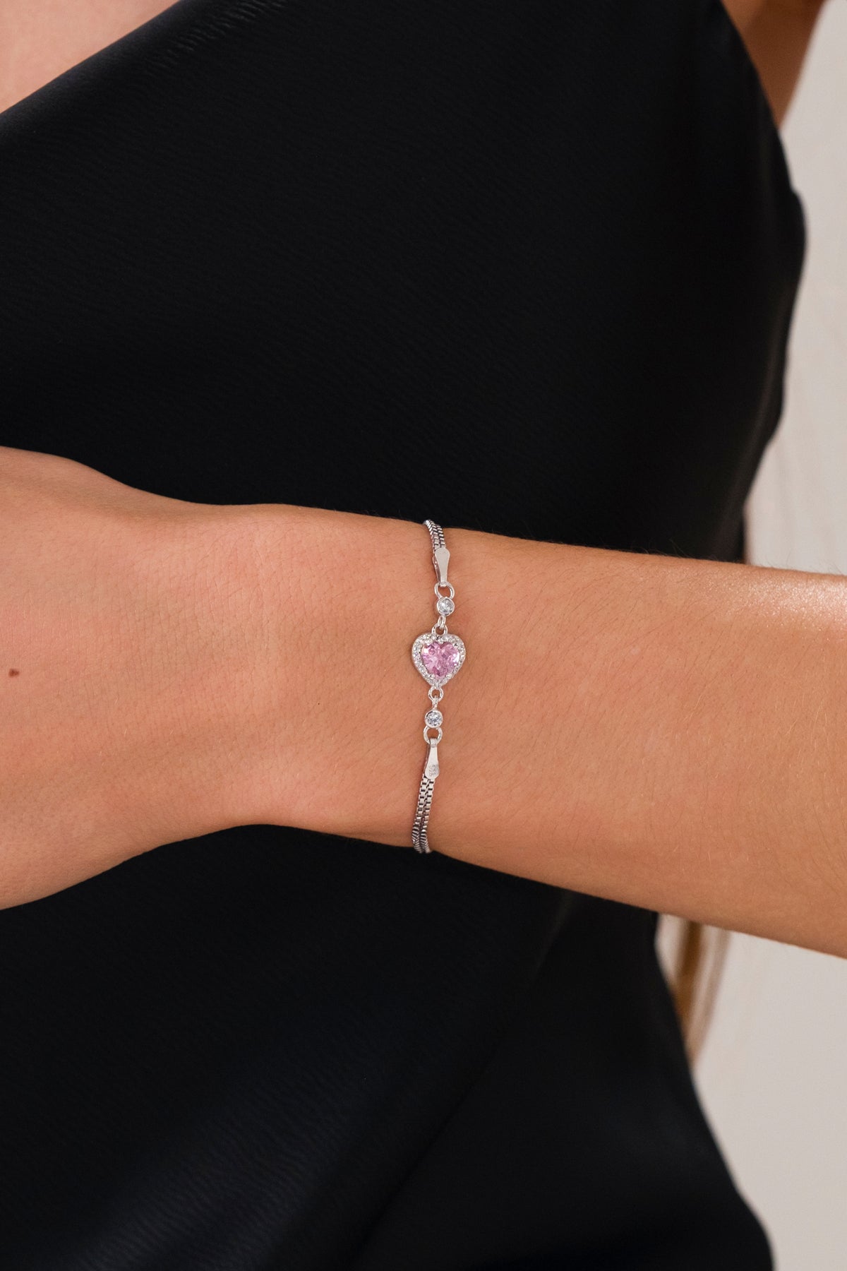 14 K White Gold Kaplama 925 Ayar Gümüş Pembe Kalp Bileklik