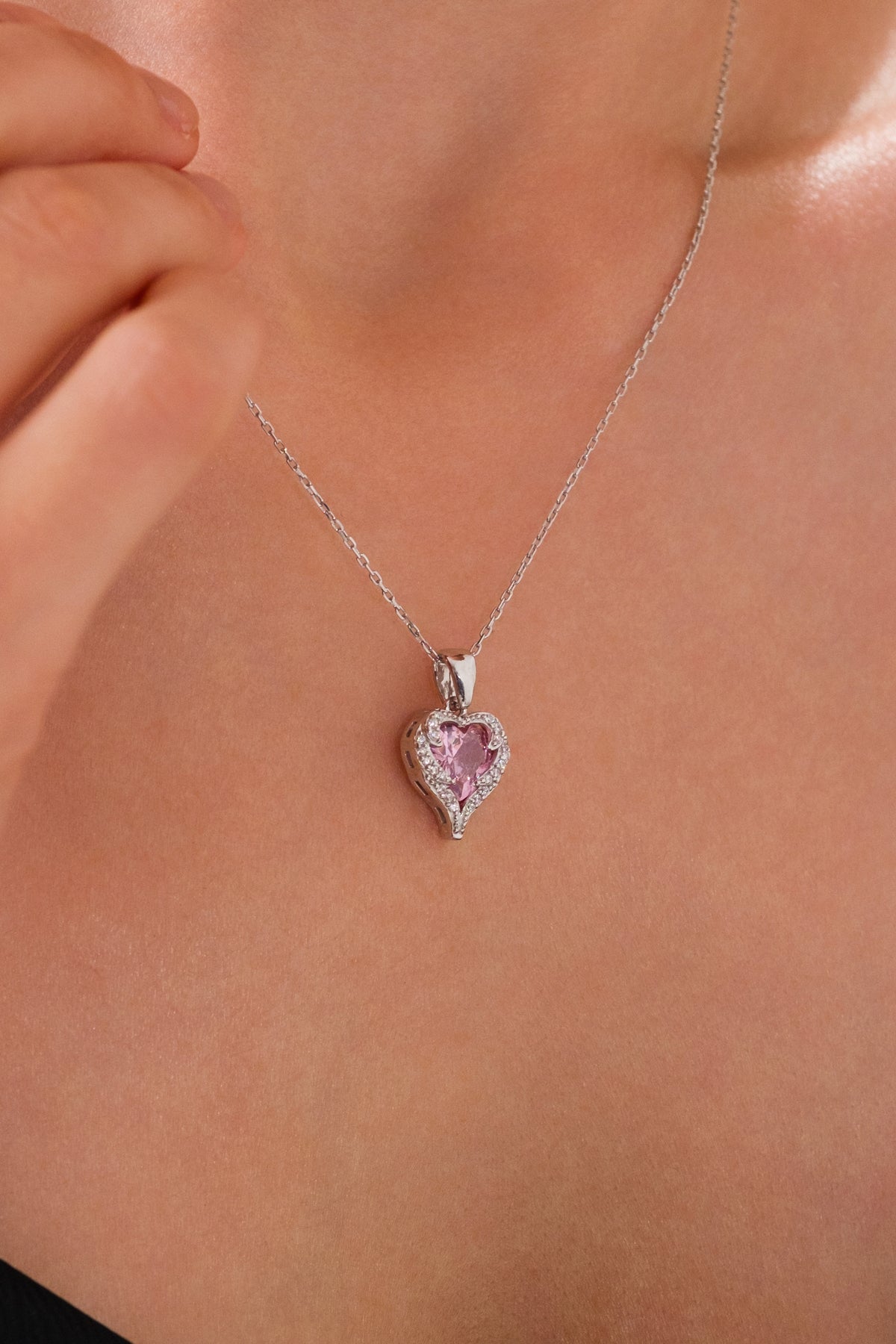 14 K White Gold Kaplama 925 Ayar Pembe Kuvars Seni Seviyorum Kalp Kolye
