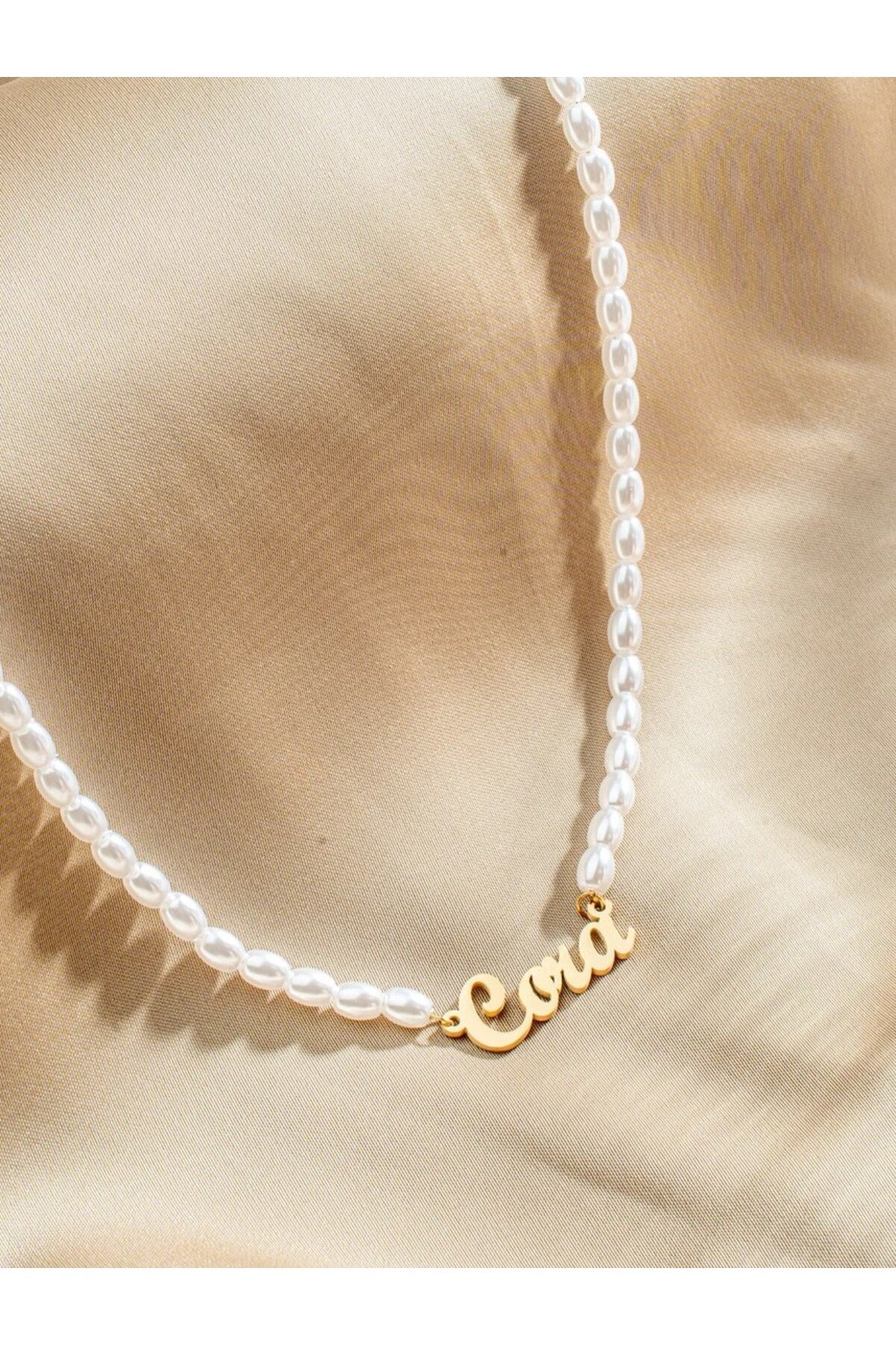 14 K Gold Kaplama 925 Ayar Gümüş Organik İnci İsim Kolye
