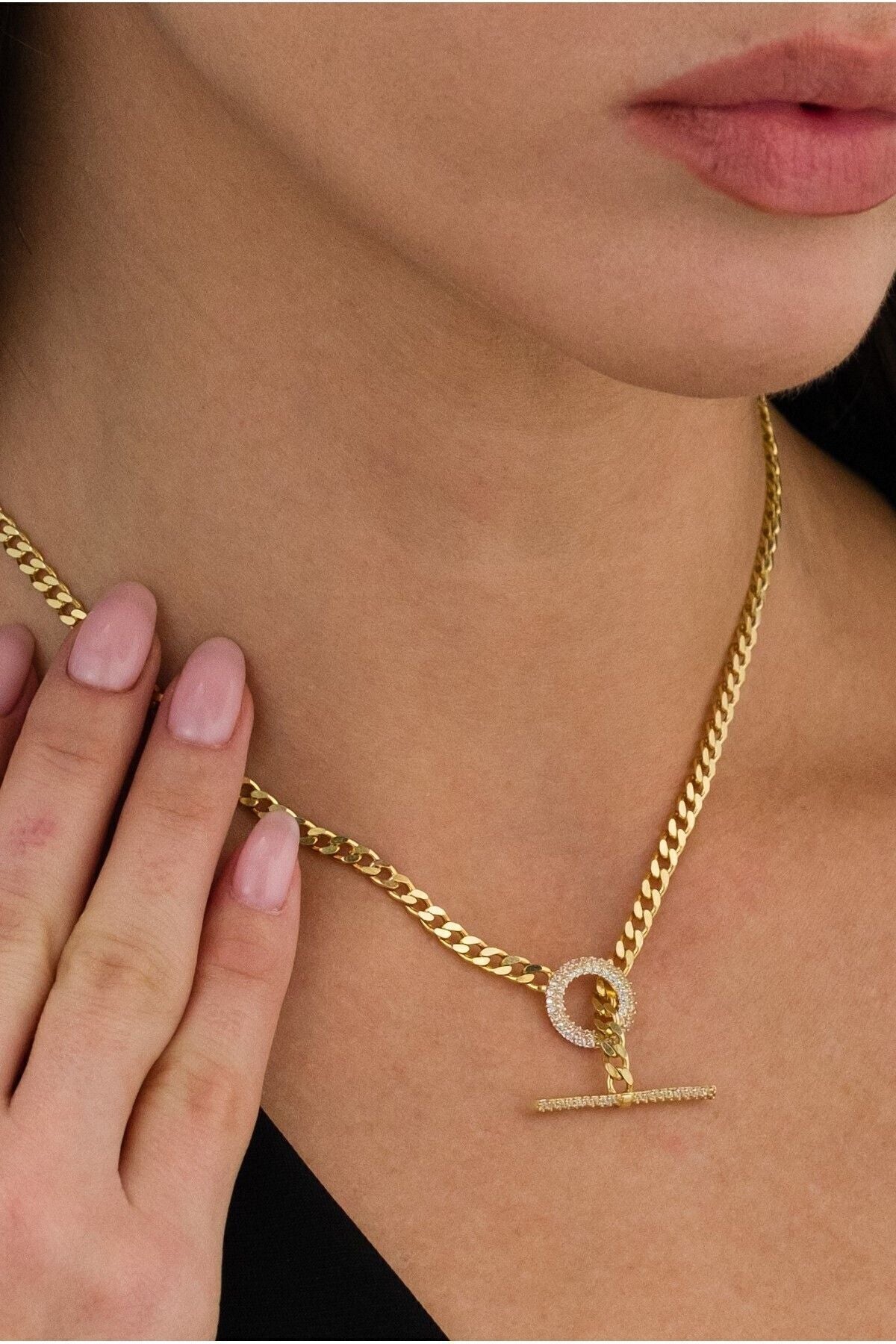 14 K Gold Kaplama 925 Ayar Gümüş Kolye Choker Gurmet T Kilit Kolye