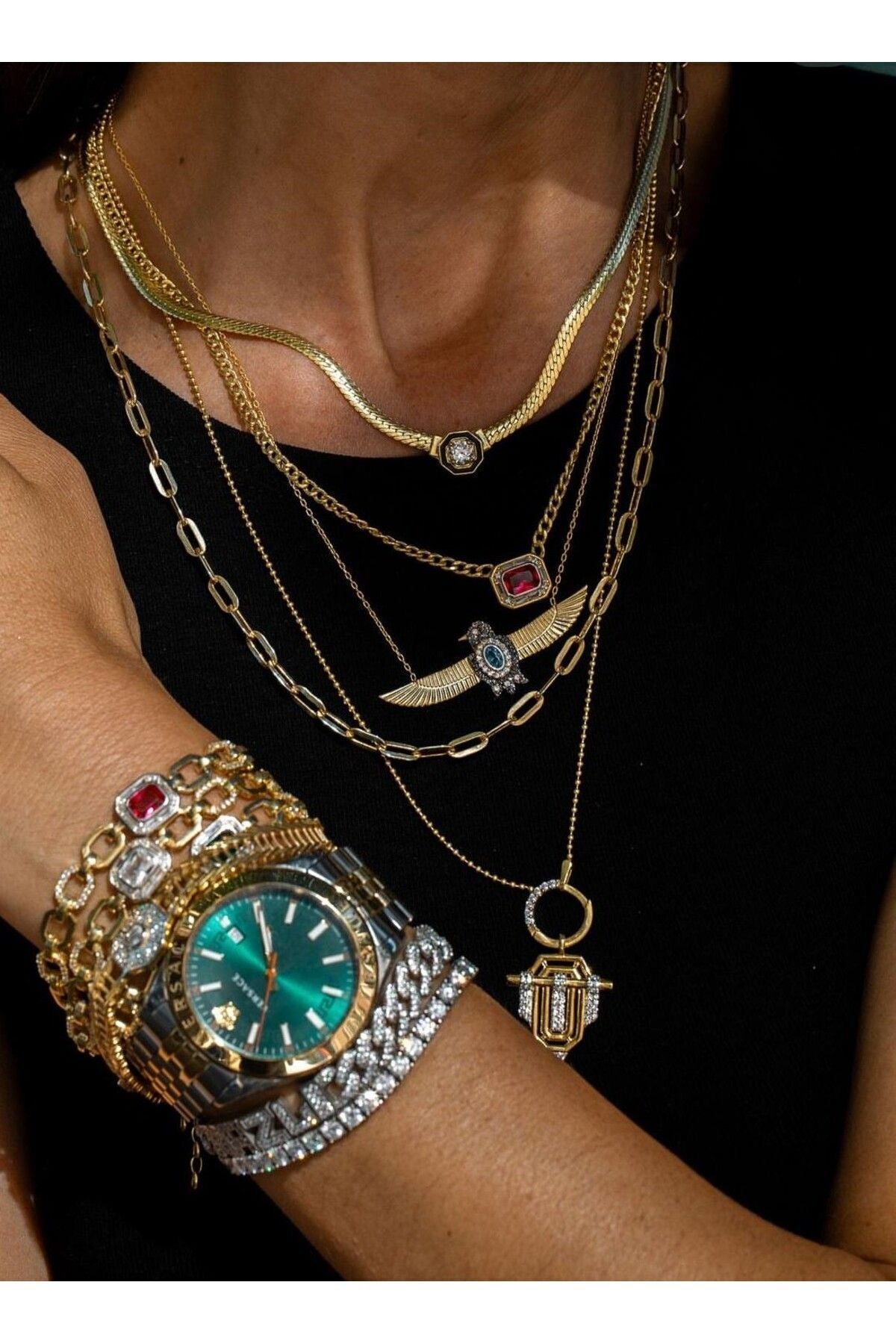 14 K Gold Kaplama 925 Ayar Gümüş Akuamarin Kombin Kolye