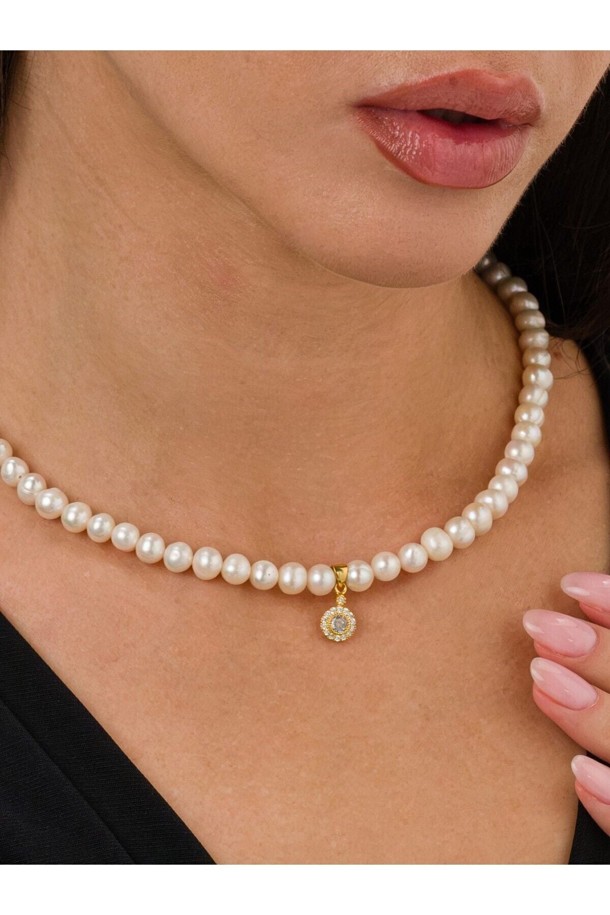 14 K Gold Kaplama 925 Ayar Gümüş Choker Doğal Inci Kolye