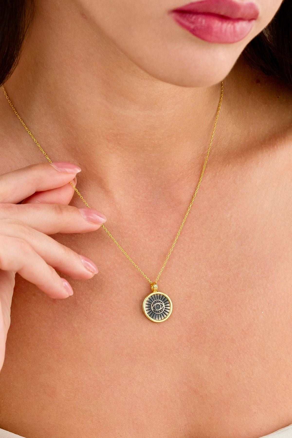 14 K Gold Kaplama 925 Ayar Gümüş Evil Eye Kolye