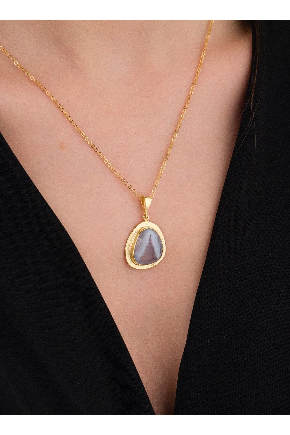 14 K Gold Kaplama 925 Ayar Gümüş Ultra Temiz Doğal Kalsedon Kolye