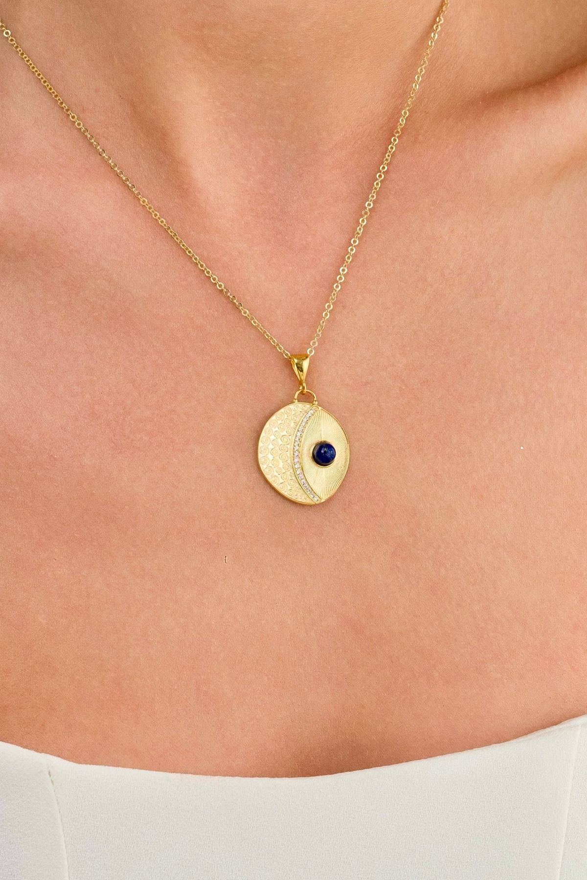14 K Gold Kaplama 925 Ayar Gümüş Doğal Lapis Lazuli Kolye