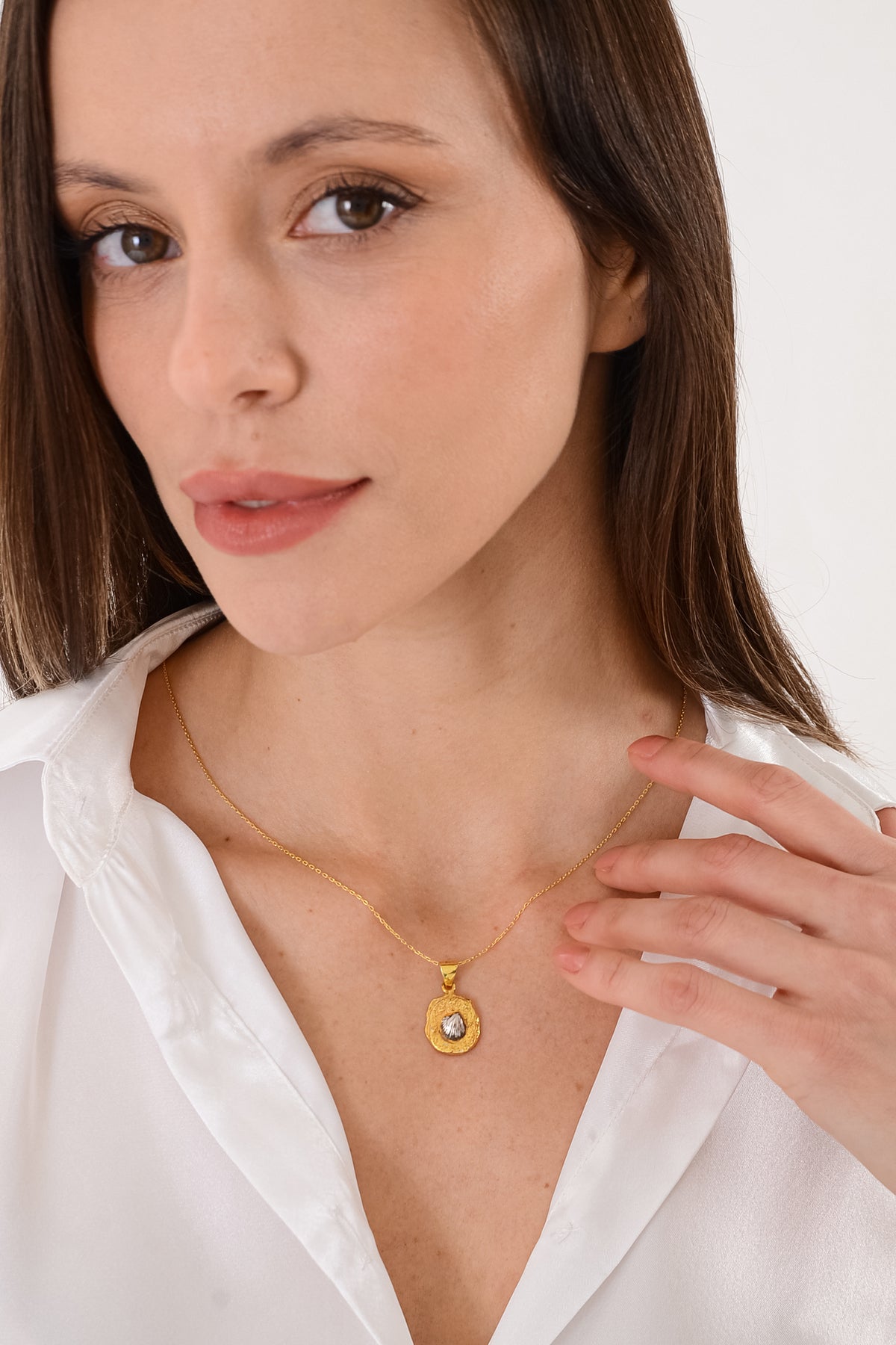 14 K Gold Kaplama 925 Ayar Gümüş Fosil Deniz Kabuğu Kolye