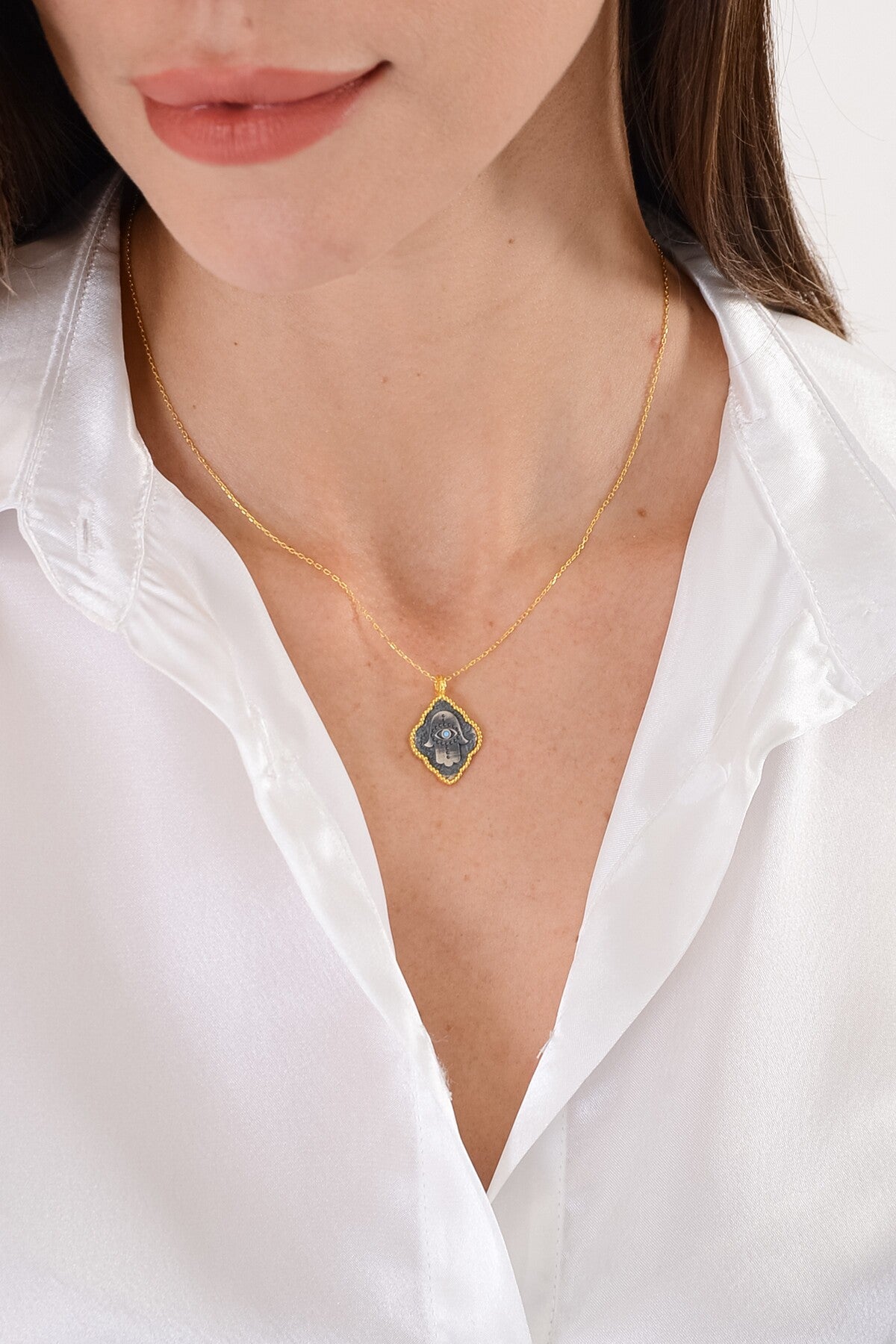 14 K Gold Kaplama 925 Ayar Gümüş Firuze Hamsa Kolye